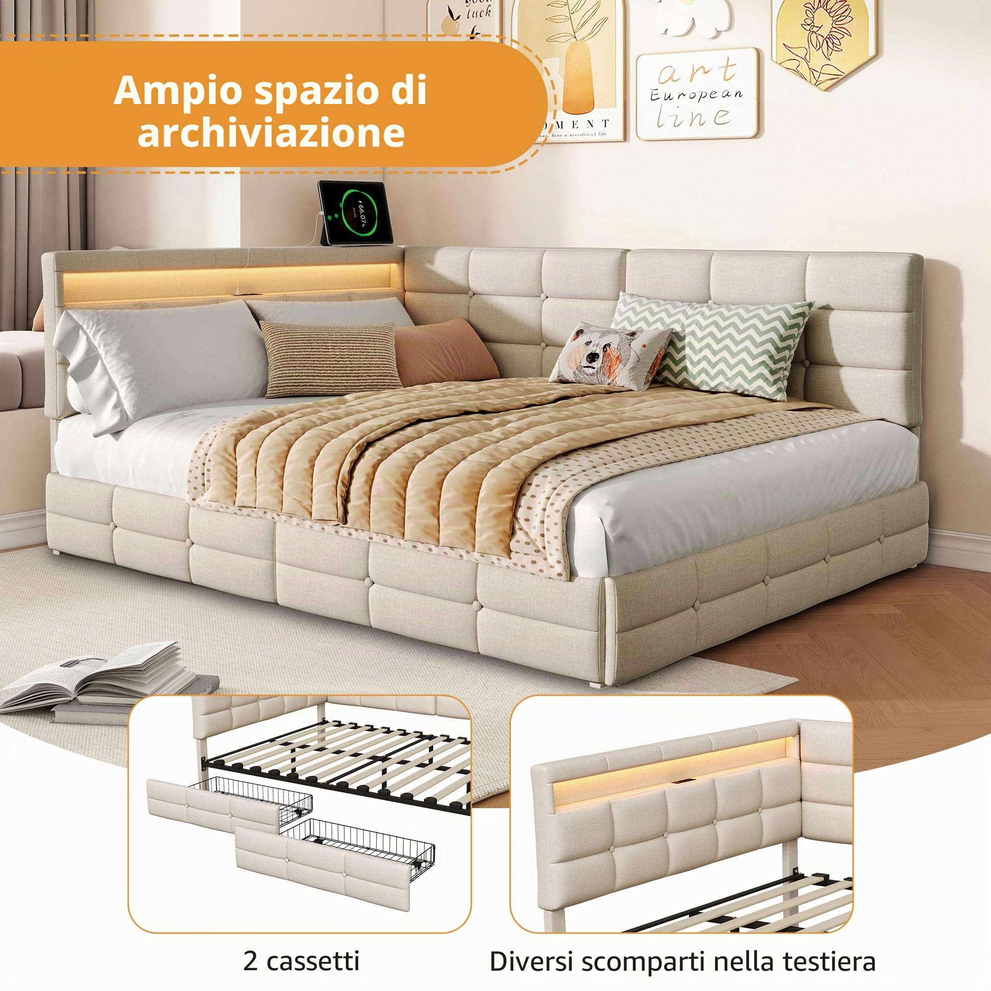 Divano Letto in Lino 140x190cm, Fresco Naturale,con 2 cassetti | Lino anticaldo, cassetti ruote, rete a doghe, presa UE+LED, beige,per adulti/ragazzi in camera/soggiorno. (Nessun materasso)