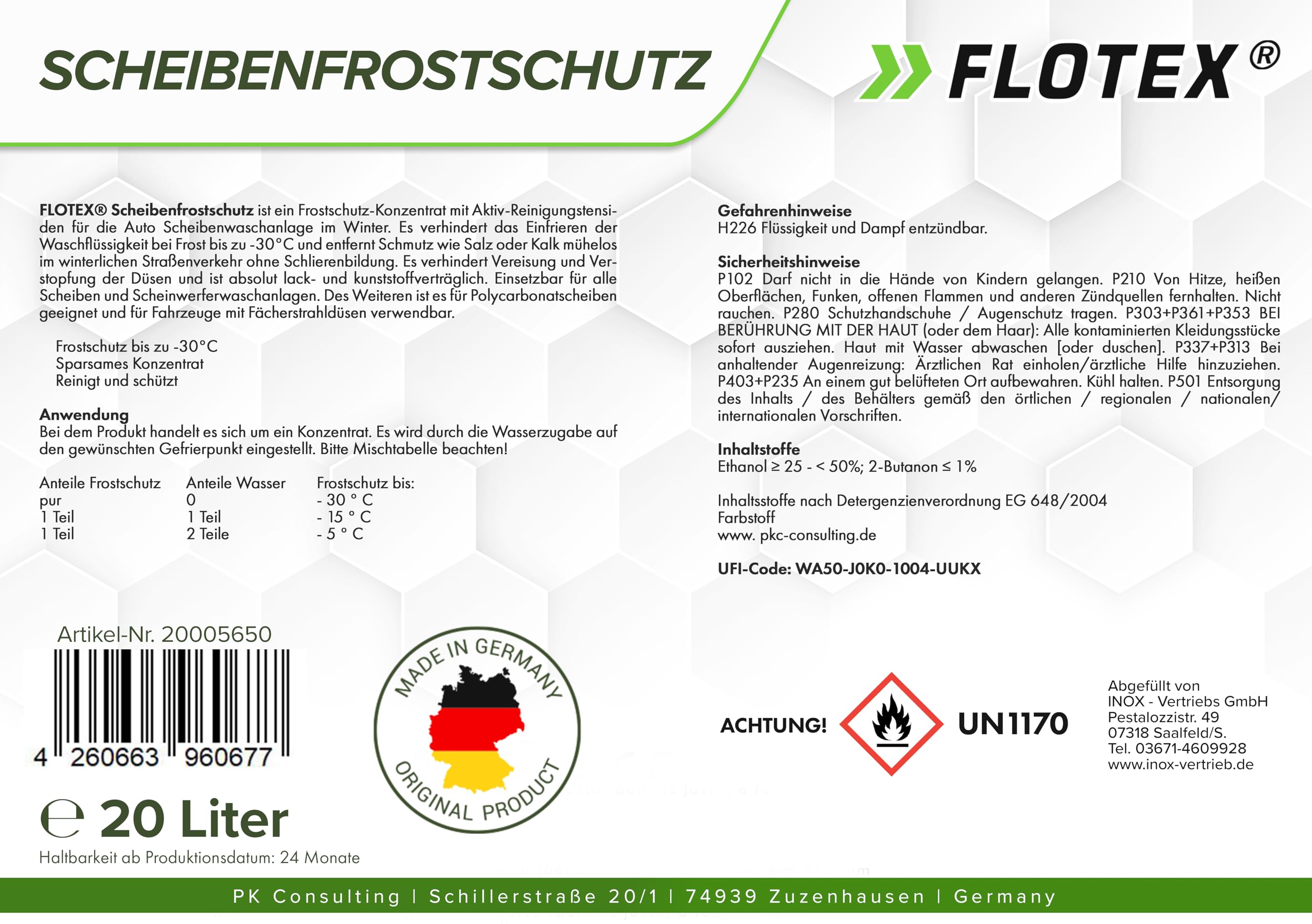 Scheibenfrostschutz Konzentrat 20L – Hocheffektiver Scheibenwasser Frostschutz bis -30°C – Absolut rein & schlierenfrei - Sofort mischbereit – Angenehmer Citrusduft geliefert in 4x5L