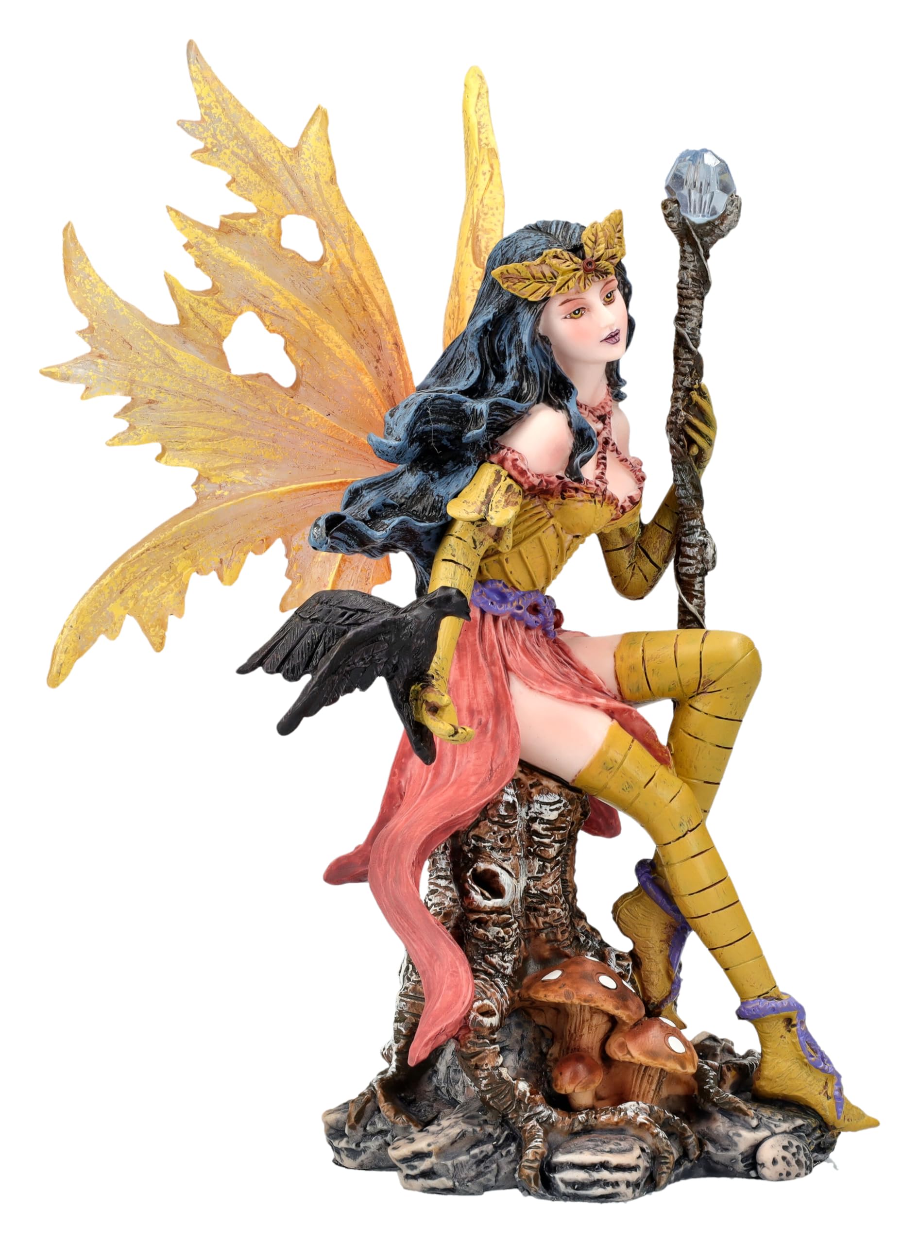 Figuren Shop GmbH Elfen-Figur Aerith mit Zauberstab 15 cm | Herbst Fee Statue Fantasy Deko Blätter Laub Elfe Figur