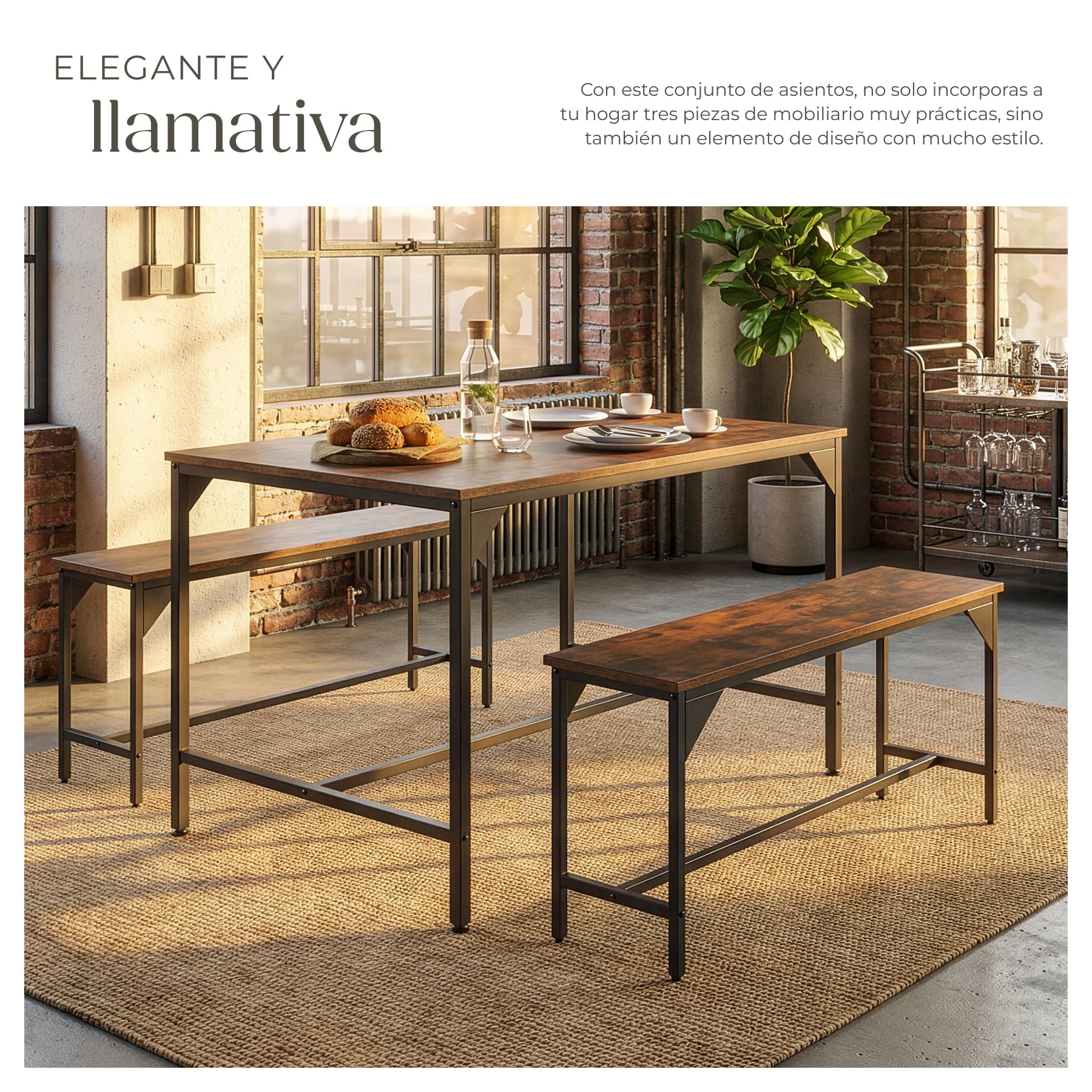 tectake® Conjunto de Mesa y Bancos, Estilo Industrial Minimalista, Mesa de Comedor con Banco, Muebles para Salón y Cocina, Marco de Acero y Madera con Revestimiento en Polvo, Fácil Montaje - Oscuro
