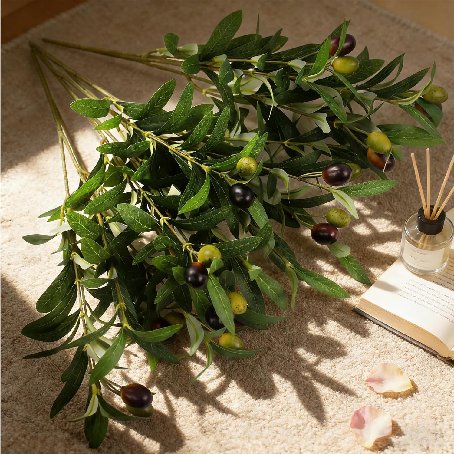 Artificial Olives Plants Stems for Vase, 4 Pcs Fake Greenery Olive Branches Stems Faux Green Plants Leaves for Table Desk Livingroom Kitchen Indoor Home Decor