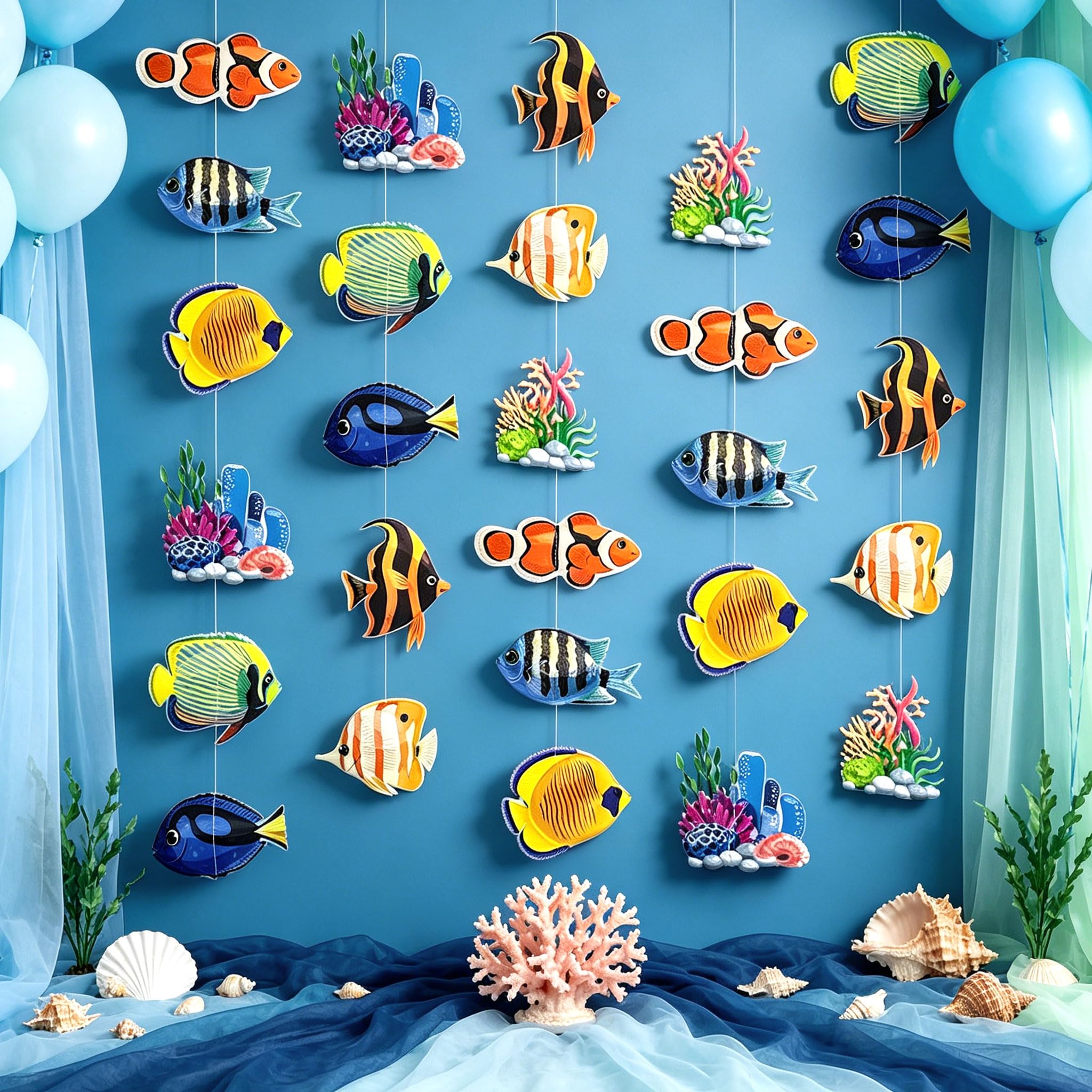 LaVenty Under the Sea Happy Birthday Banner Garland Ocean Animal Balloons