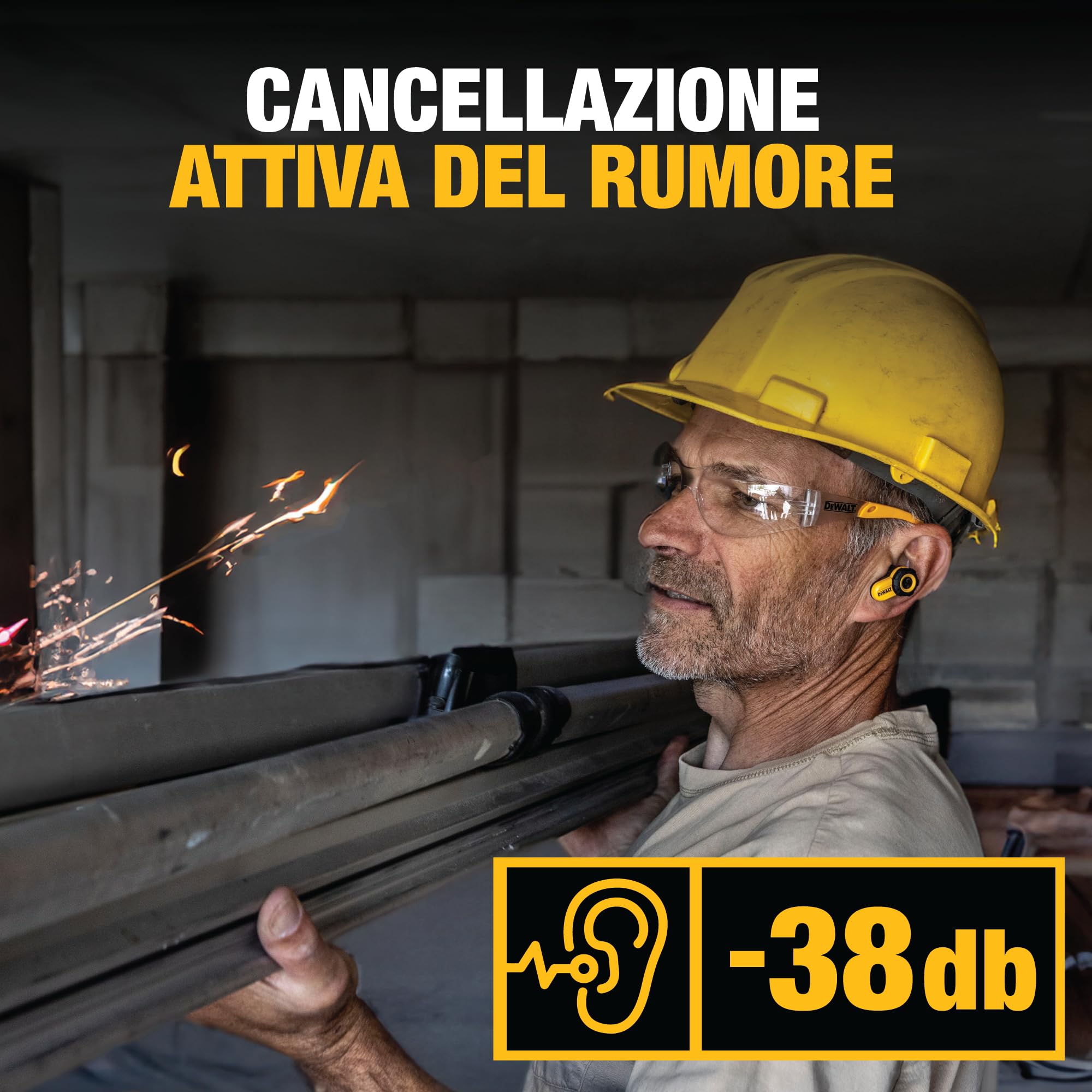 DEWALT - Auricolari Bluetooth Jobsite Pro X2 ANC completamente wireless, auricolari da lavoro con riduzione del rumore fino a 38 dB, controlli a rotazione, autonomia di 10 ore (più di 40 con la