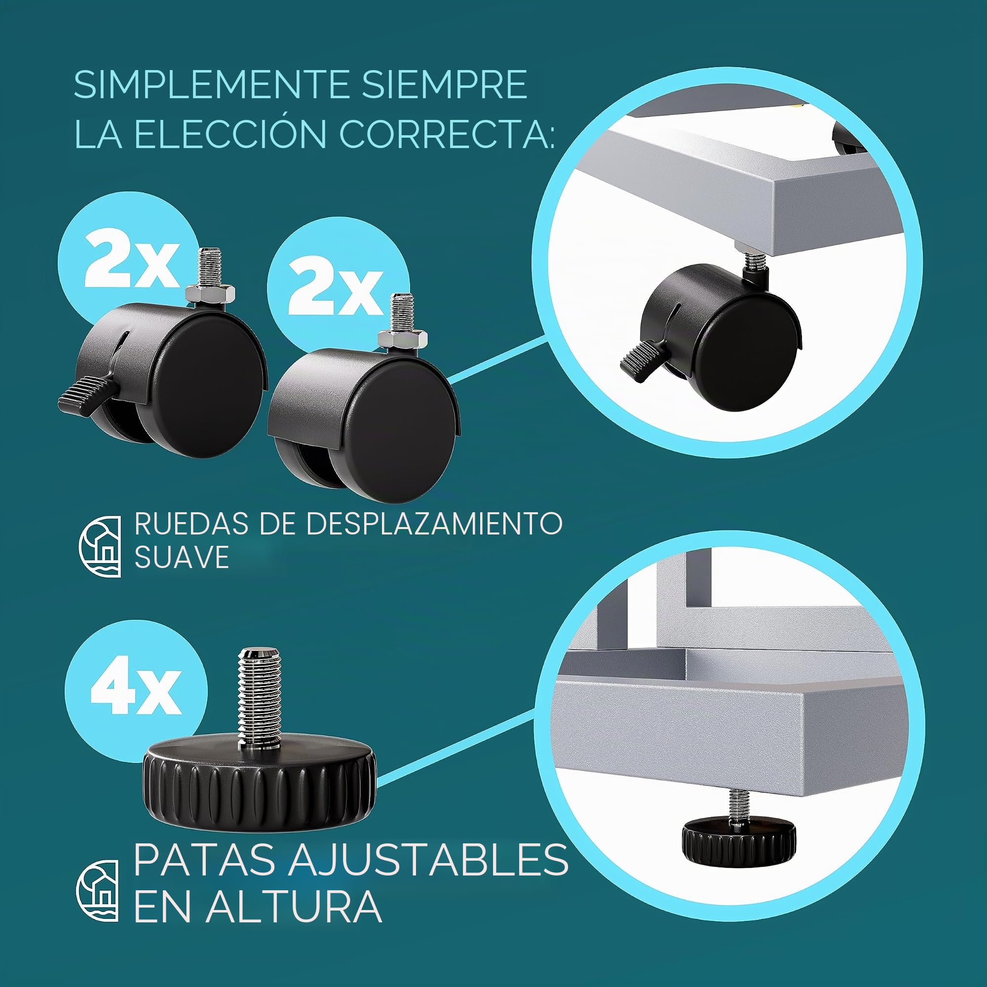 CASARIA® Mesa Auxiliar Forma C Mesita Lateral 4 Ruedas Carga 25Kg Crema