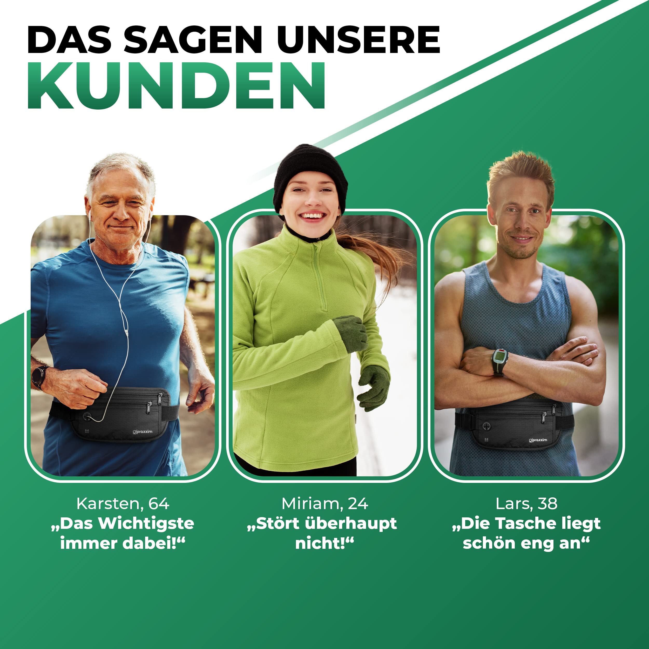 praxxim Die Bauchtasche zum Joggen - Perfekt sitzende Lauftasche - Bauchtasche Damen & Herren - Gürteltasche - Laufgürtel für Jogging und alle Handy Größen (schwarz)