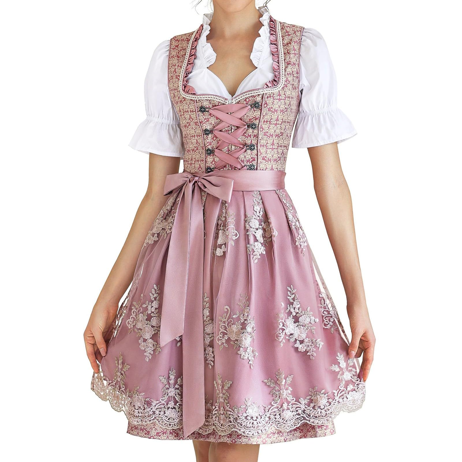 Dirndl Damen Grün Midi - Trachtenkleid Mit Schürze Und Bluse