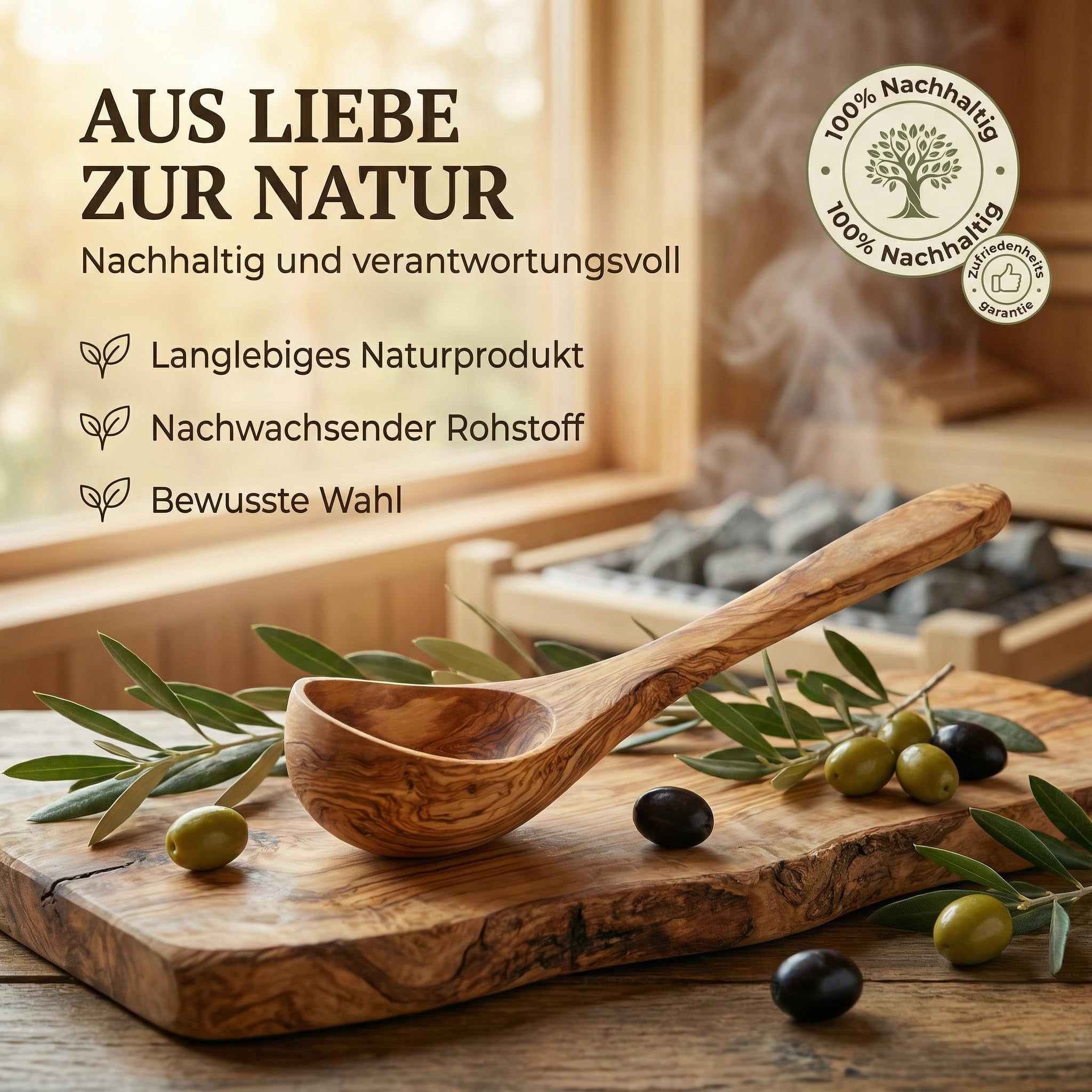 Saunakelle aus Olivenholz mit Gravur - Personalisierbare Aufgusskelle langlebig & hitzebeständig - Sauna Zubehör Saunalöffel Geschenkidee (Mit Gravur, 30 cm)