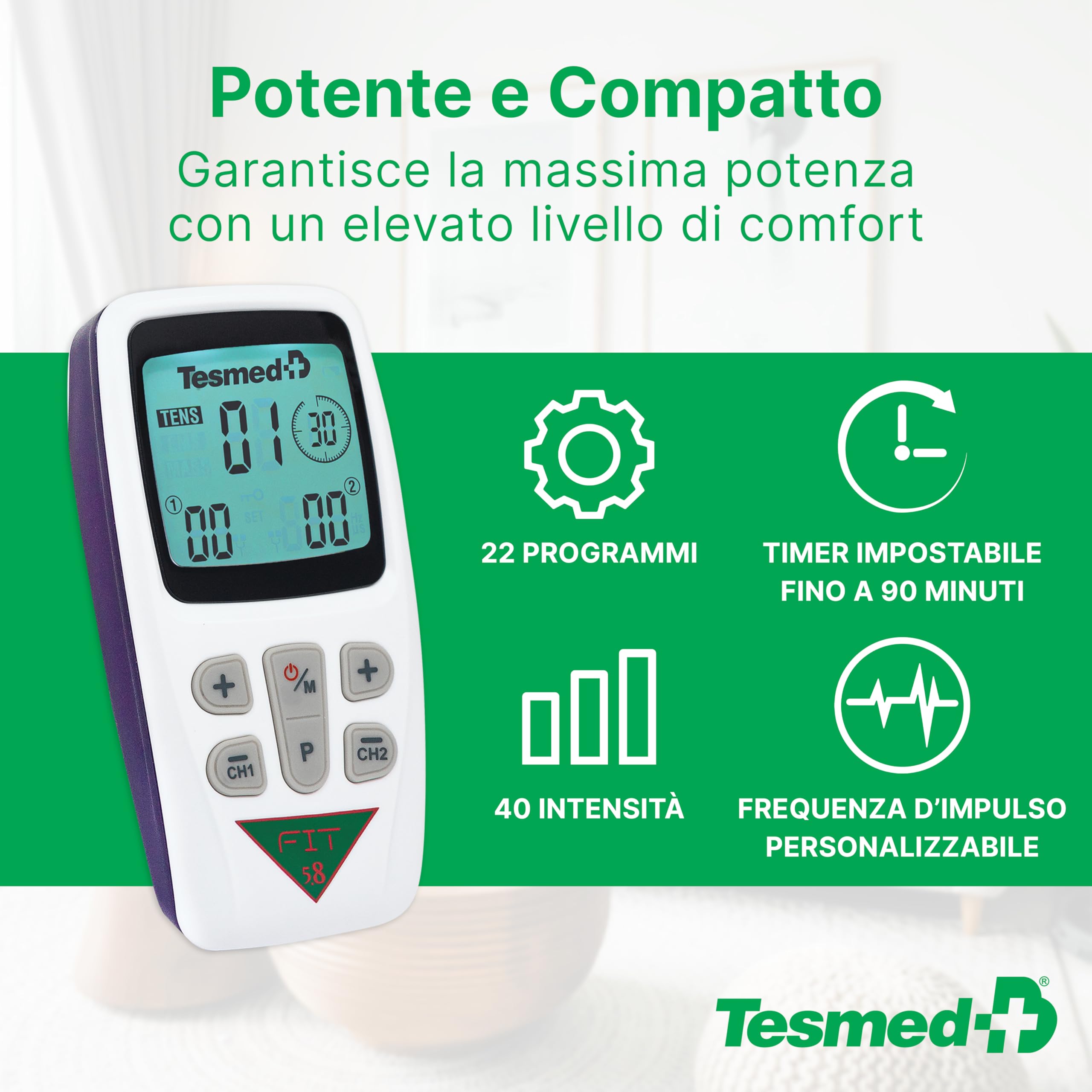 TESMED FIT Elettrostimolatore Muscolare 3 in 1 (EMS, TENS, Massaggio), 22 Programmi (6 Personalizzabili), per Applicazioni su Dolori Localizzati e Stimolazione di Addominali, Glutei, Pettorali