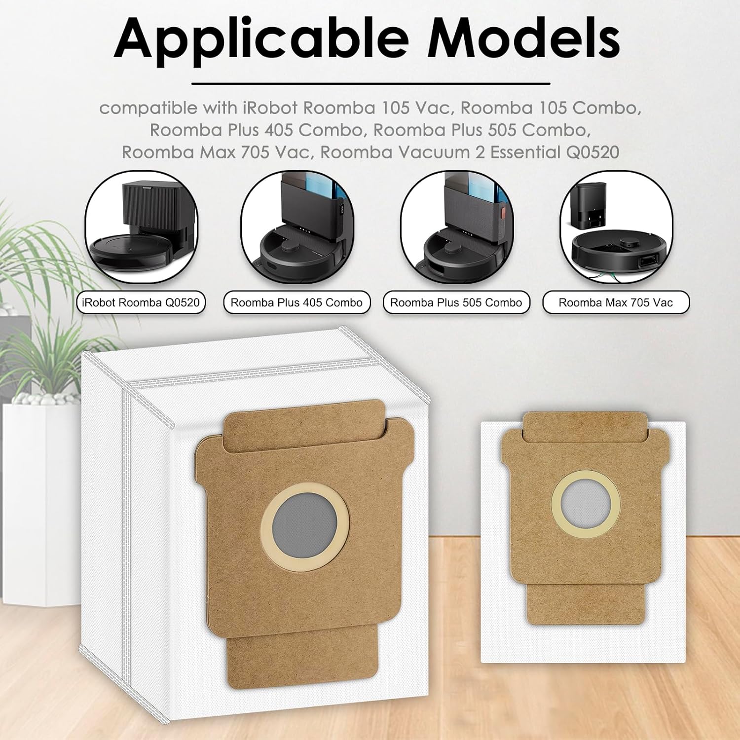(20 Pack) Roomba 104 Dust Bags for iRobot Roomba 104, 105 Vac, 105 Combo, Plus 405/ Plus 505 Combo, 504 Vac, Max 705 Vac, Vacuum 2 Essential Q0520 Robot Vacuum Bags, Disposal Bag Accessories