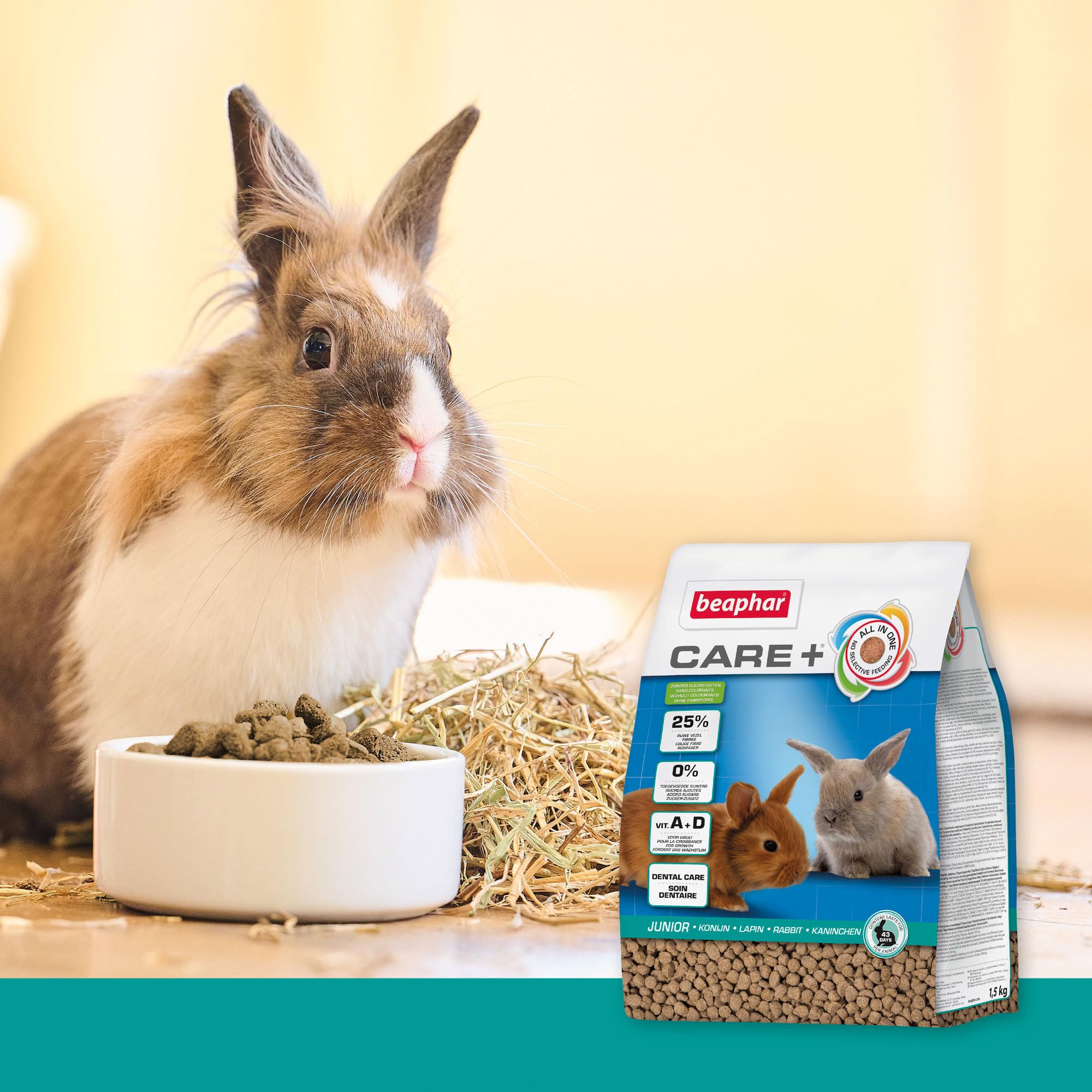 BEAPHAR – Care+ – Alimentation Super Premium extrudée pour Lapin Junior – 25% de Fibres – Appétent, sans Sucre ajouté ni Colorant – Haute digestibilité – Aide à l’Usure Naturelle de Dents – 1.5 kg