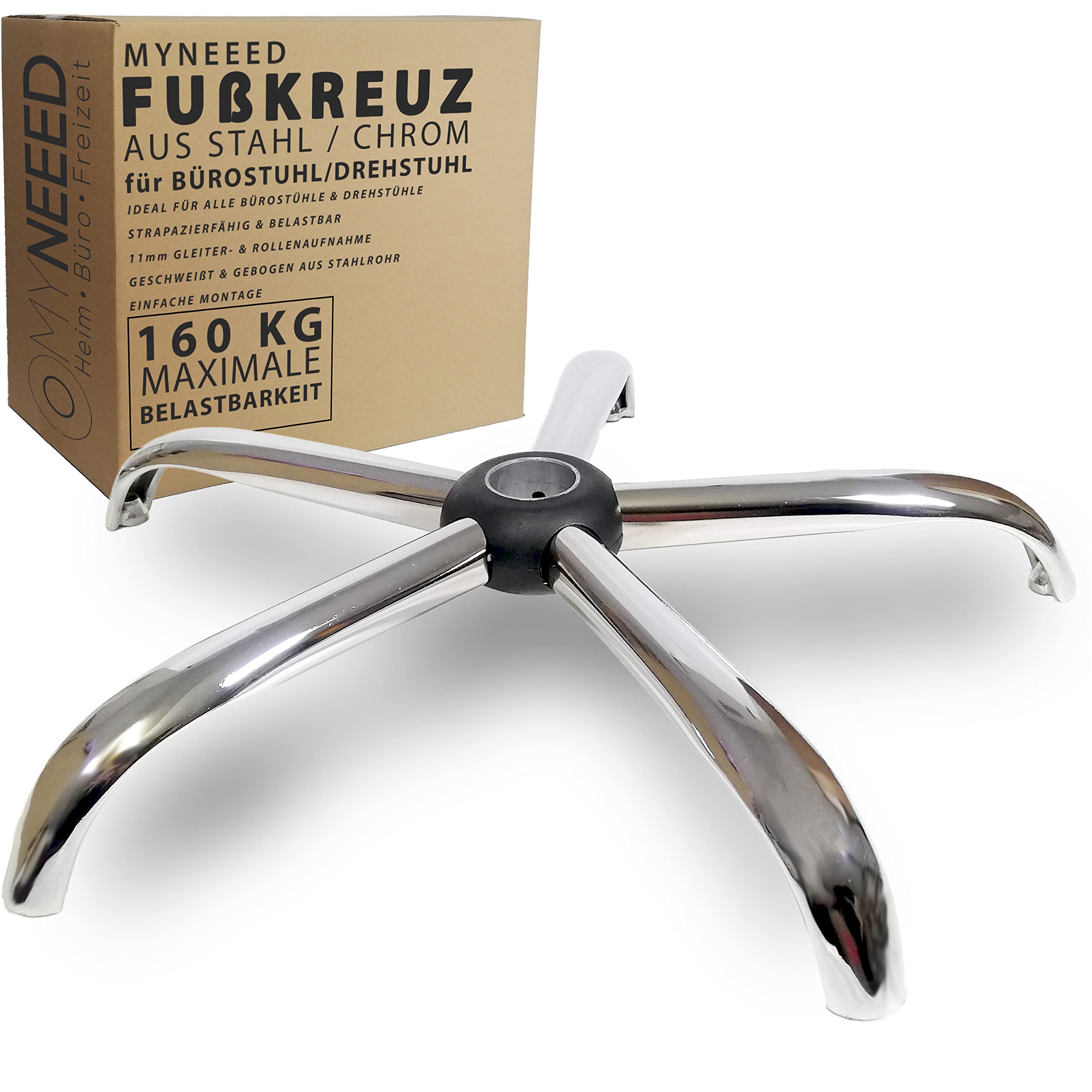 Bürostuhl Fußkreuz aus Stahl in Chrom, Hohe Belastbarkeit, Drehkreuz fuß für Bürostuhl, Geeignet für 11mm x 22mm Rollen und 50mm Gasfeder, Gaming Stuhl Ersatzteil