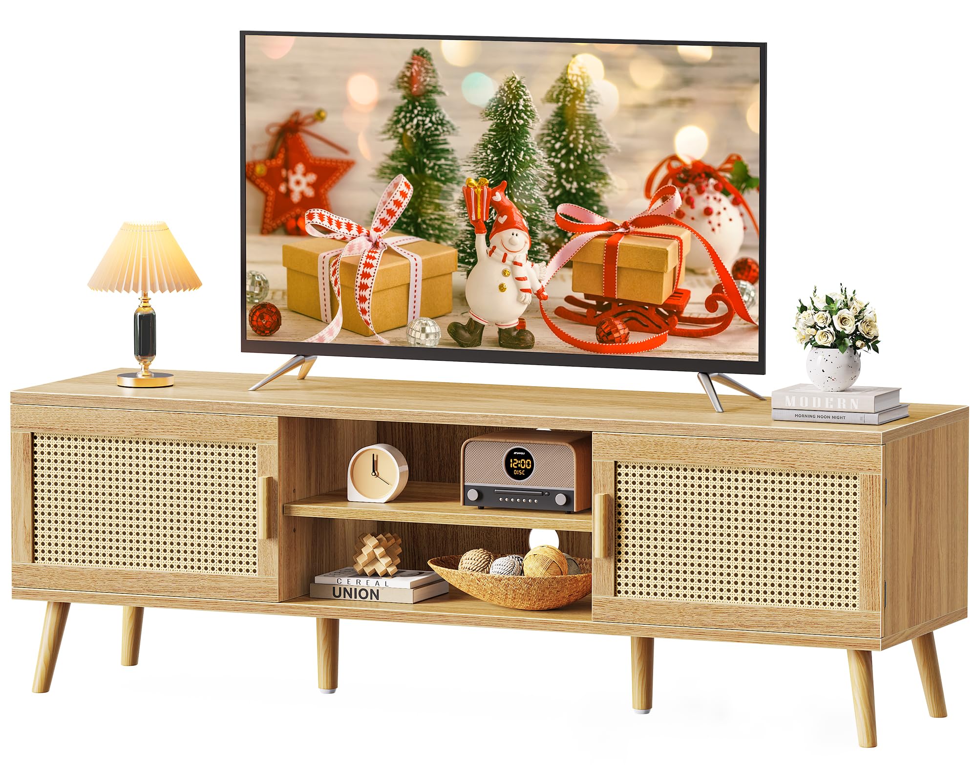 SUPERJARE Boho TV Stand for 55 Inch TV, Rattan TV Console with Adjustable Shelf, 2 PE Rattan Cabinet, Entertainment Center, Media Console, Solid Wood Feet, Cord Holes, for Living Room - Natural