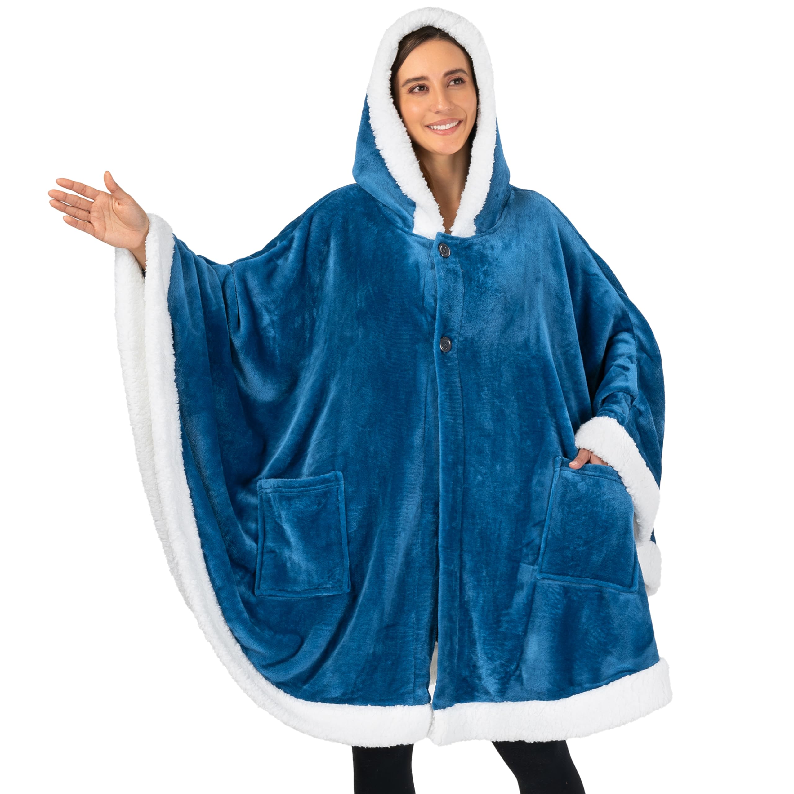 PAVILIAPAVILIA Wearable Blanket for Adult Women, Cozy Plush Fleece Blanket Poncho Cape with Hood, Super Soft Shawl, Angel Wrap Throw for Office, Turquoise Sea BlueOEKO-TEX STANDARD 100