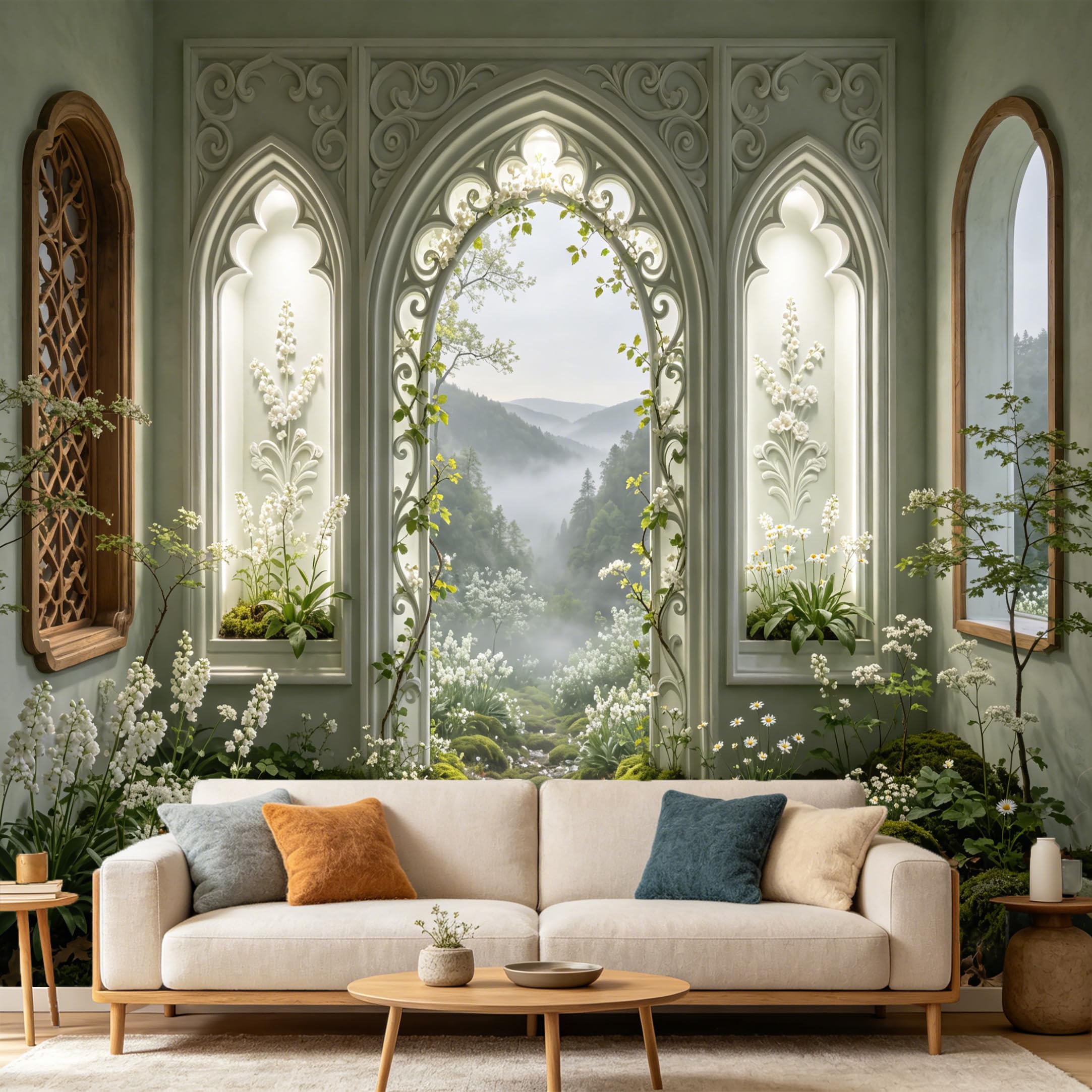 Custom Size Wall Mural， 3D Gothic Archway Misty Forest Botanical Garden Nature Landscape， SelfAdhesive Art Prints wall Fabric Removable Large Wallpaper Home Living Room Decor