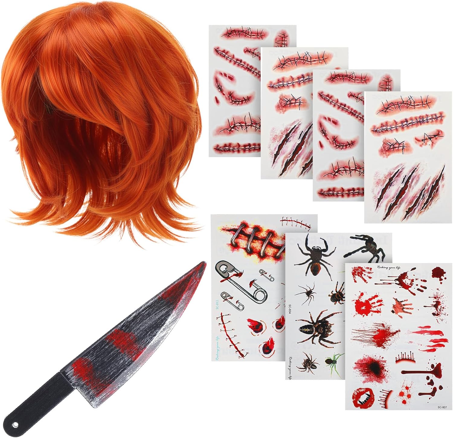 Outus 9 Pcs Halloween Costume Accessories Kit Dark Orange Anime Wig, Realistic Scar Tattoo Stickers, Bloody Fake Knife Prop for Cosplay Horror Theme Party