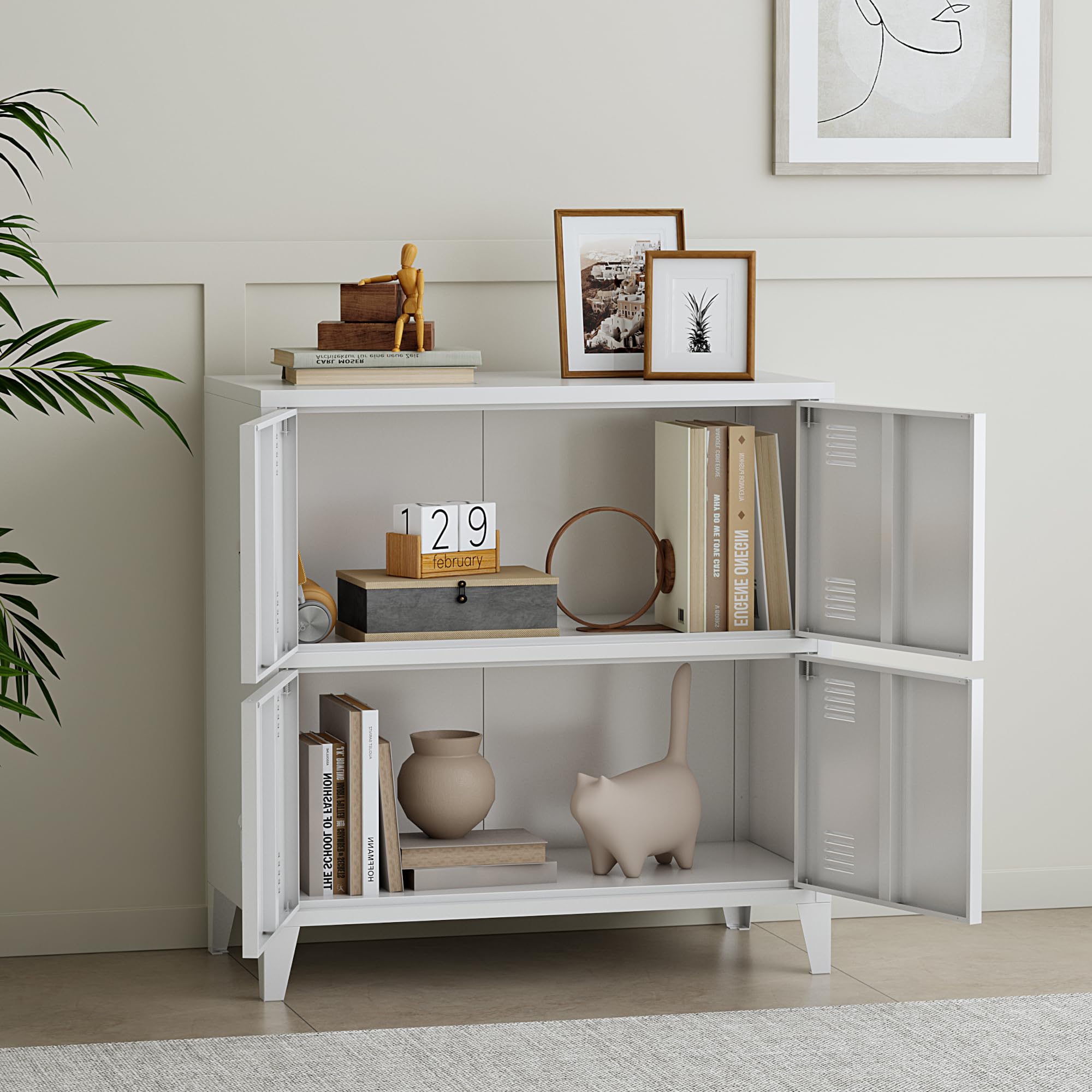 [en.casa] Büroschrank Hamina Aktenschrank mit 4 Türen Mehrzweckschrank mit 2 Ablagefächern Industrial Aufbewahrungsschrank aus Stahl Beistellschrank 80 x 40 x 82 cm Weiß