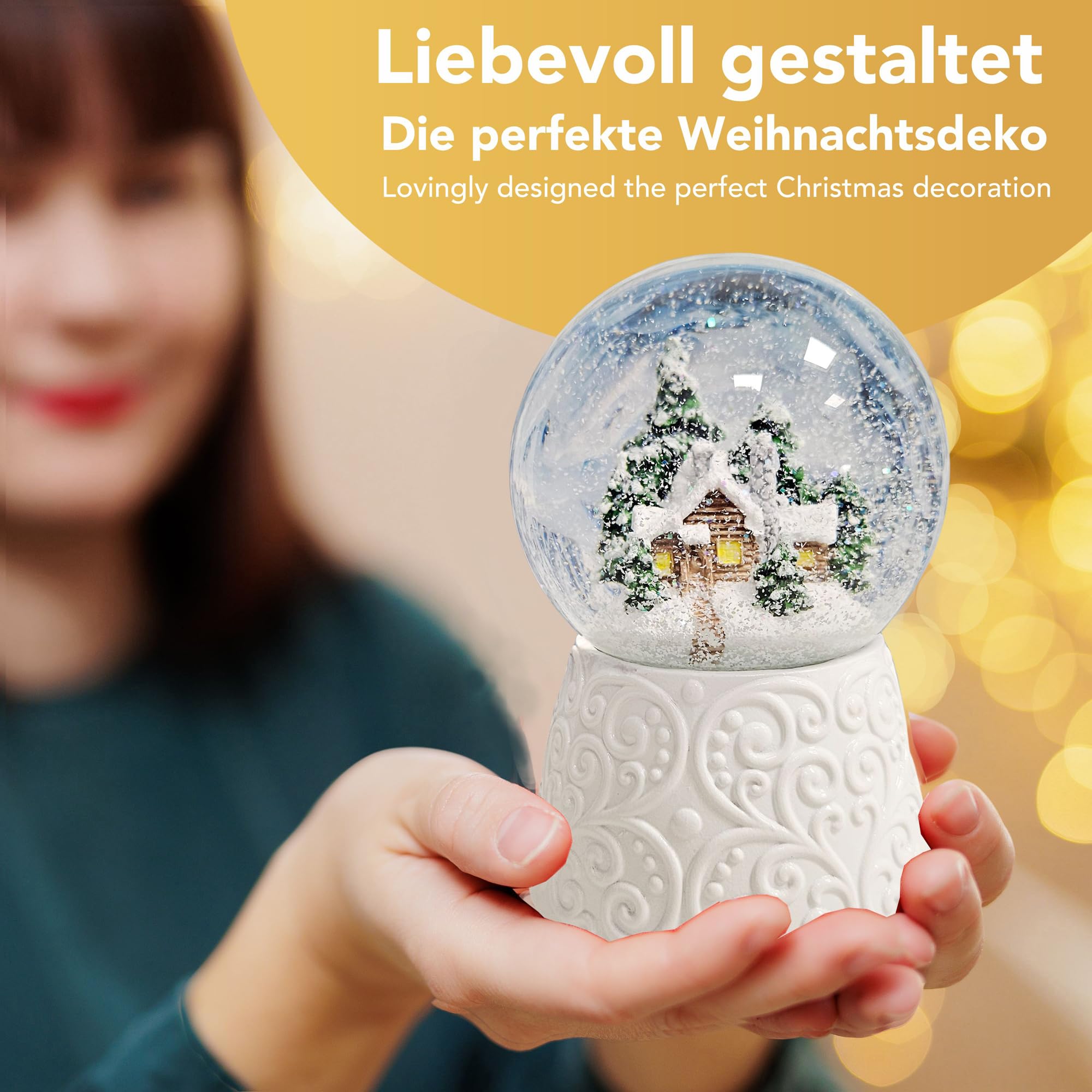 Schneekugel Spieluhr Weihnachten | Hüttenzauber Winterhütte Berghütte | Sockel weiß Nostalgie | Höhe: 140mm, Durchmesser 100mm | Schüttelkugel Weihnachtsdekoration | 20326