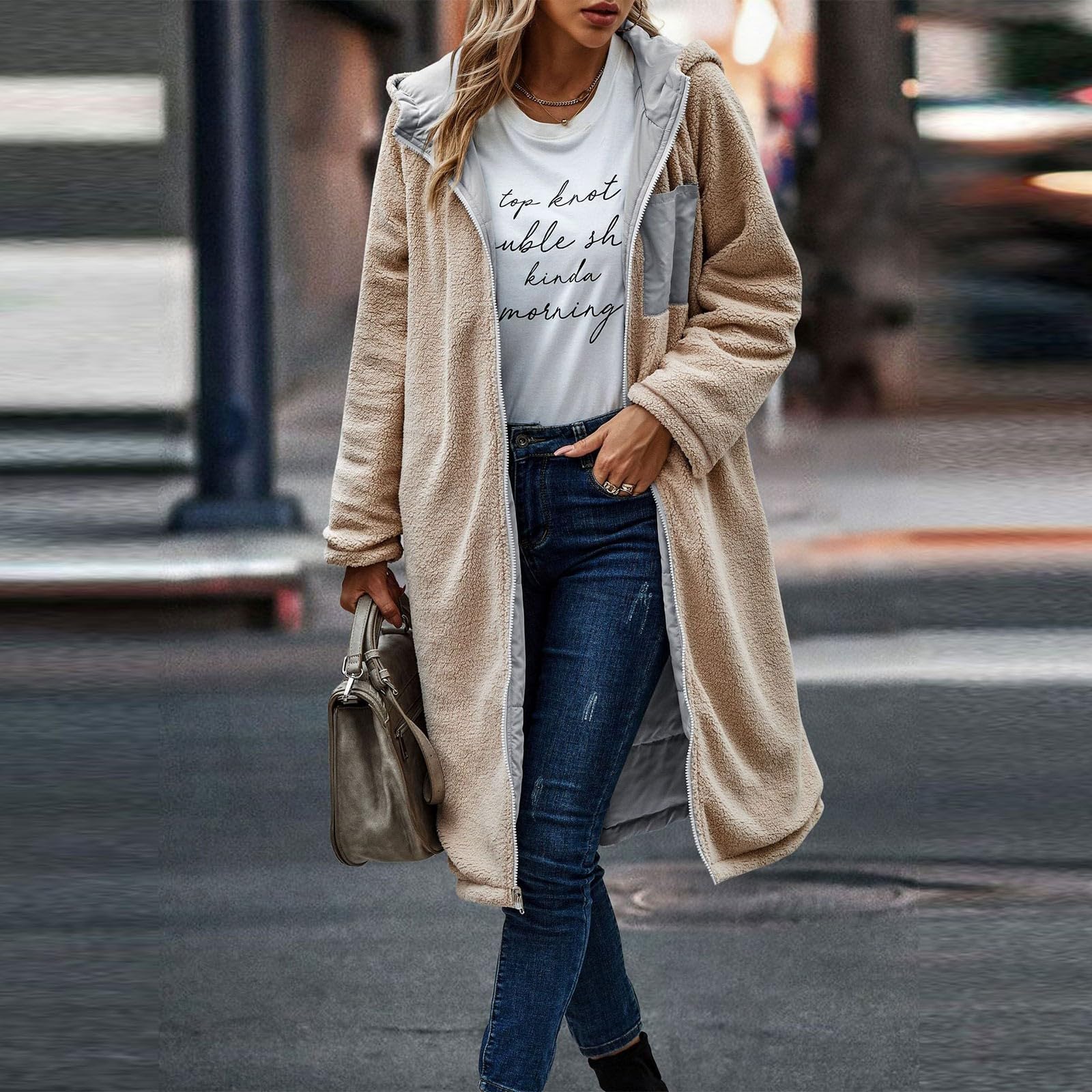 Generisch Wintermantel Damen Lang Warm Winterjacke Gefüttert Elegant Fleecejacke Winter Steppmantel Einfarbig Parka Mit Reissverschluss Winterparka Mit Taschen Mantel Thermo Dicke Damenmantel Langarm