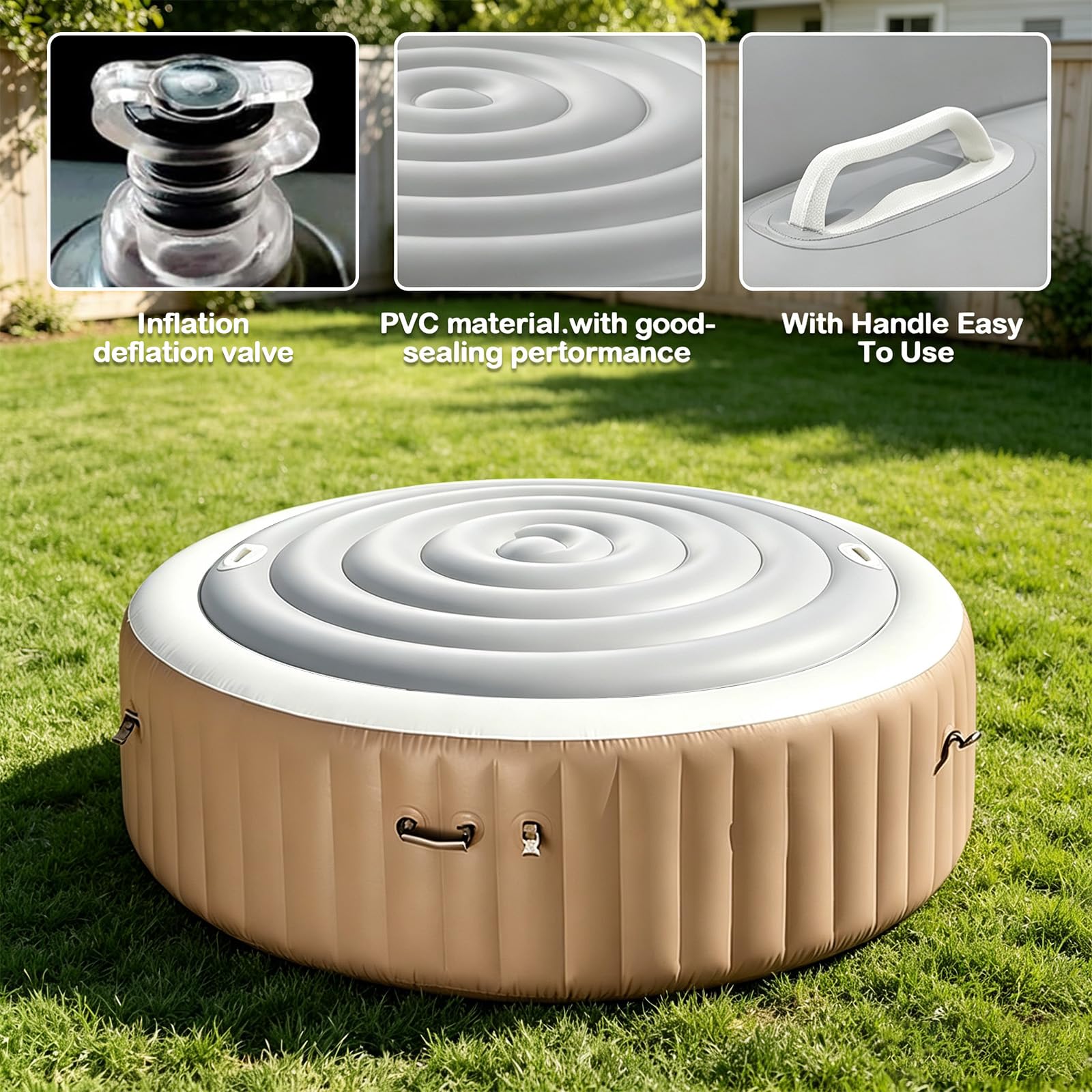 Copertura rotonda da 165 cm, per vasca da bagno, gonfiabile, con manici