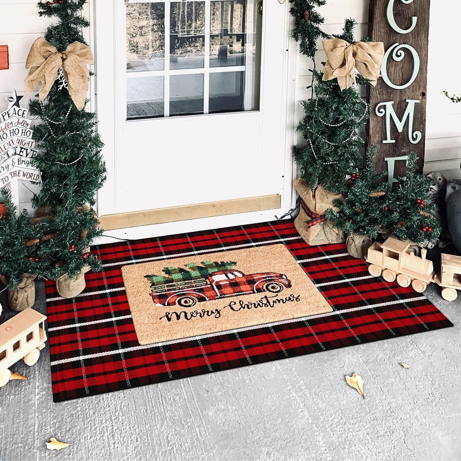 Weihnachts Outdoor-Teppich 90x150 Cm – Rot-schwarz Kariert, Waschbar, Aus Baumwolle