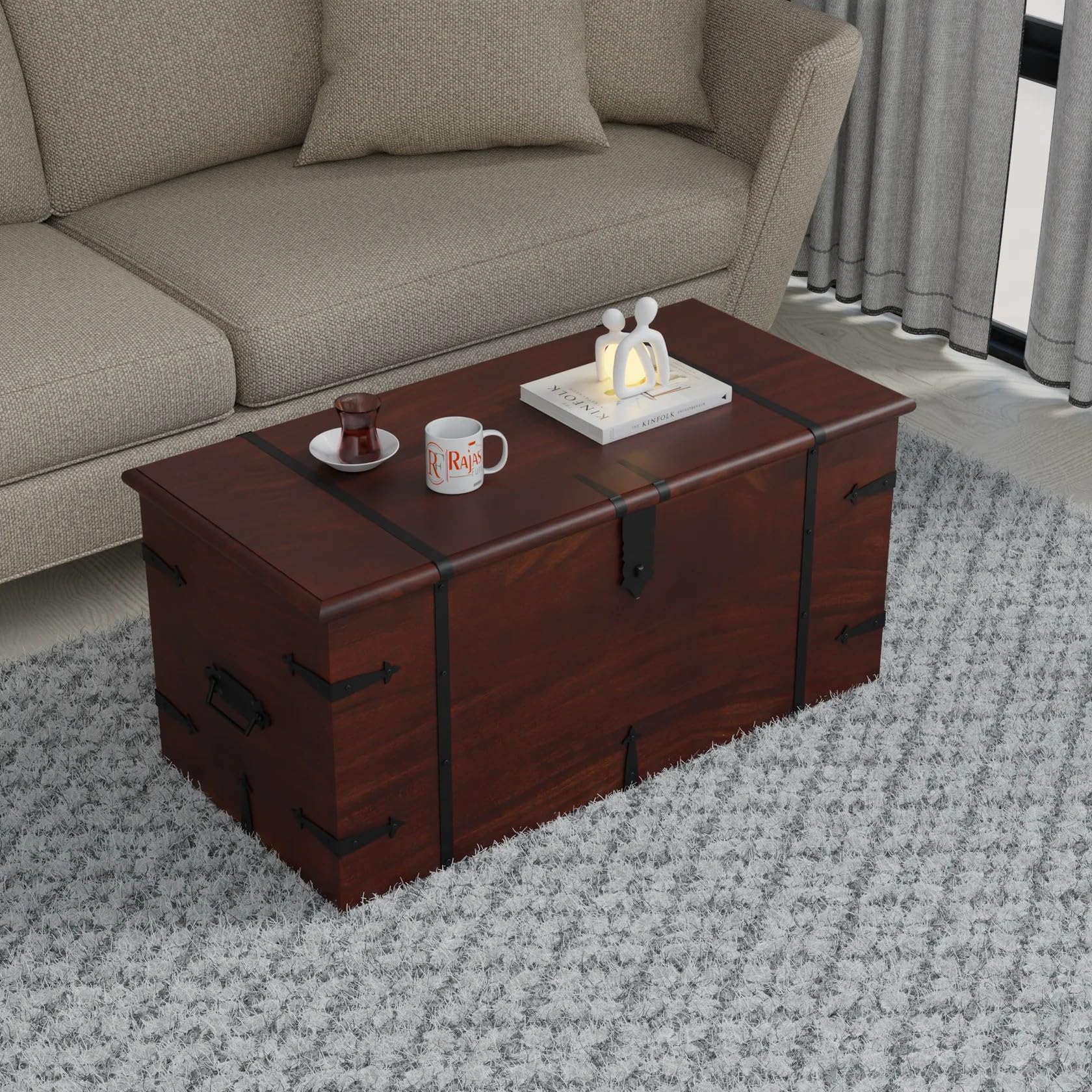 Solid Sheesham Wood Trunk Box for Storage Wooden Center Coffee Table for Living Room Dcor | Multipurpose Wooden Center Table with Storage Box Cabinet with Iron Fittings | Walnut Finish