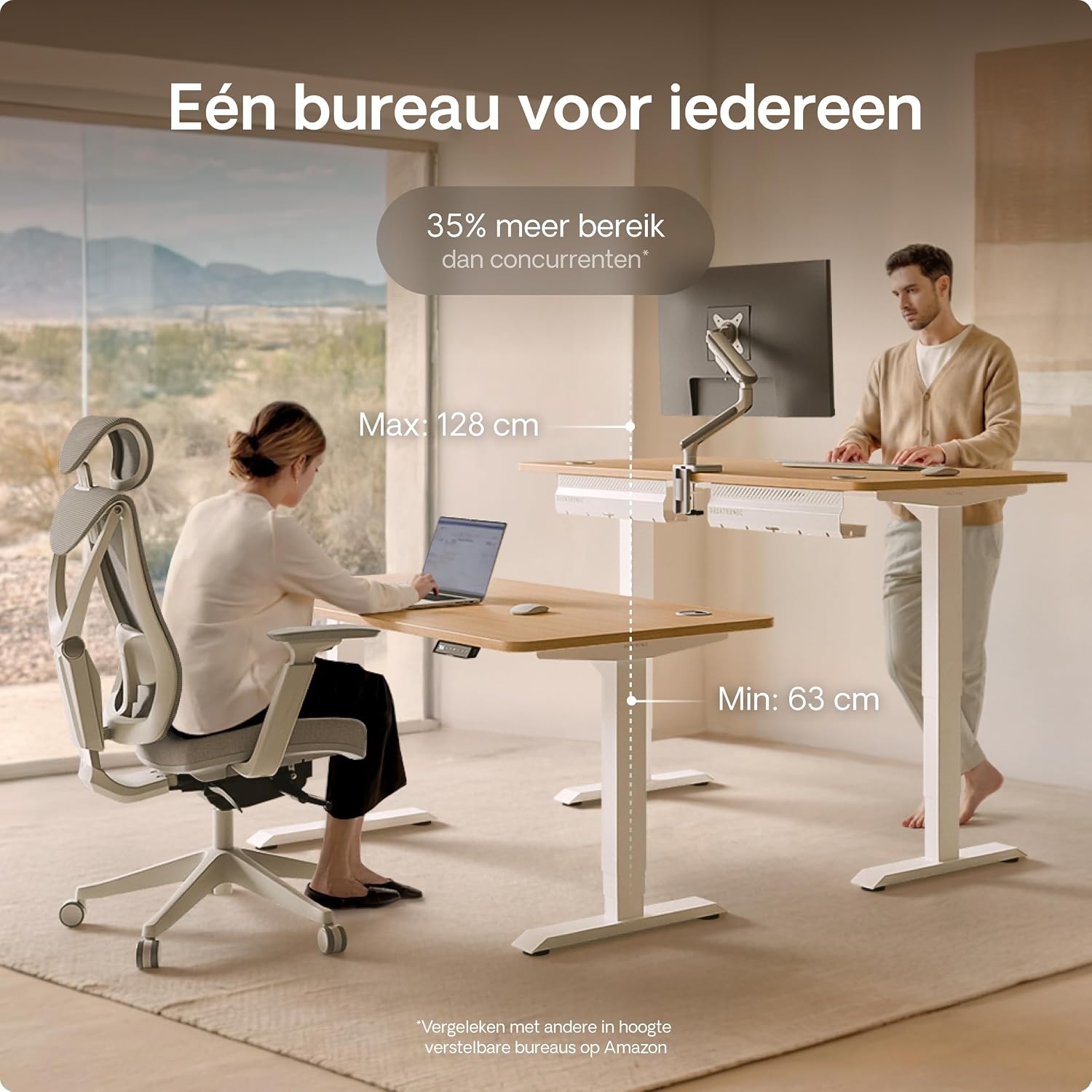 Image showing a Desktronic HomePro desk in both sitting (minimum height 63 cm) and standing (maximum height 128 cm) positions, with a person using it at each height.