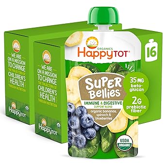 Happy Tot Organics Stage 4 Baby Food Pouches, Gluten Free, Vegan Snack, Super Bellies, Fruit & Veggie Puree, Banana, Spinach & Blueberries 4 Ounce (Pack of 16)