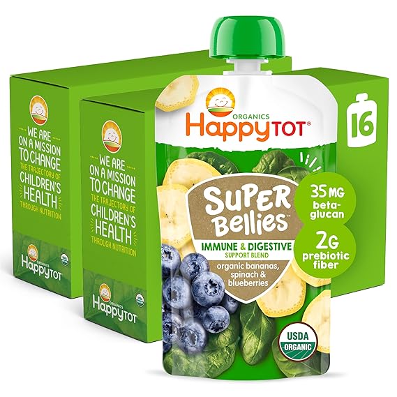 Happy Tot Organics Stage 4 Baby Food Pouches, Gluten Free, Vegan Snack, Super Bellies, Fruit & Veggie Puree, Banana, Spinach & Blueberries 4 Ounce (Pack of 16)