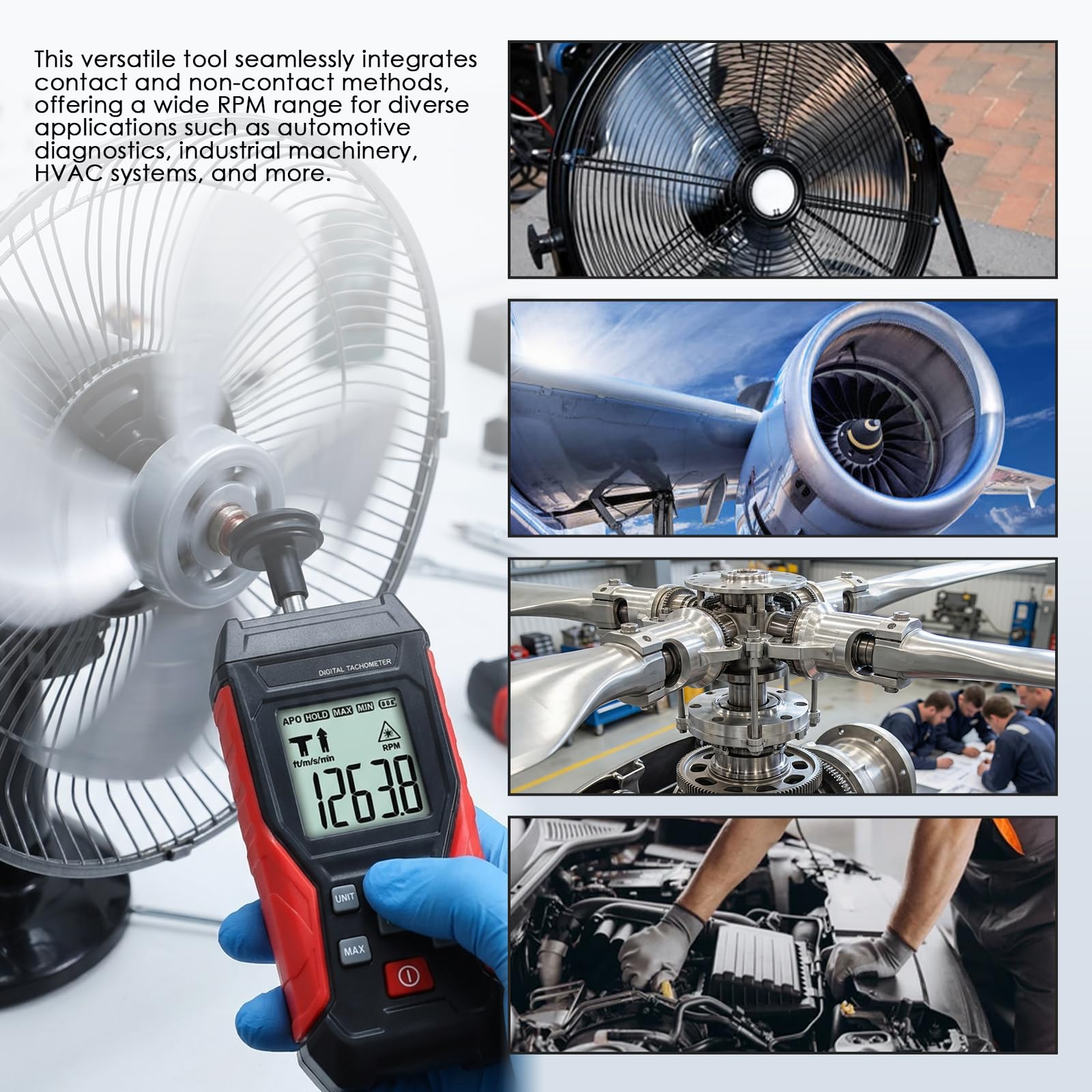2-in-1 Digitales Drehzahlmessgerät | Präzisions-Kontakt- & Laser-Drehzahlmesser | 3-99999 RPM, 0,8s Abtastung, beleuchtetes LCD & Data Hold | Komplett-Set für Auto & HVAC