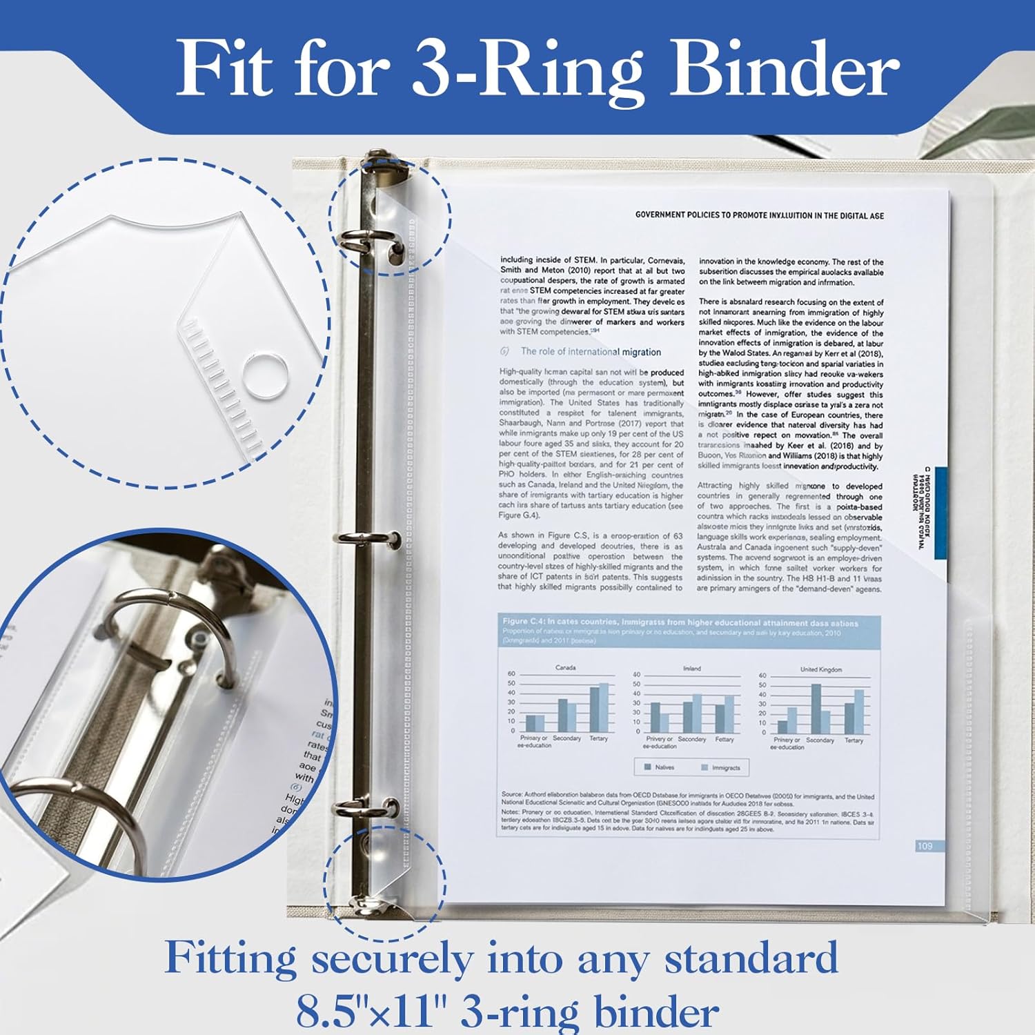Binditek 50 Pack Transparent Clear Slash File Jacket with 3 Holes, Pocket Folders for 3 Ring Binder, Fits 8.5 x 11 Inch Documents, Ideal for Office, Classroom, and Organizing Papers