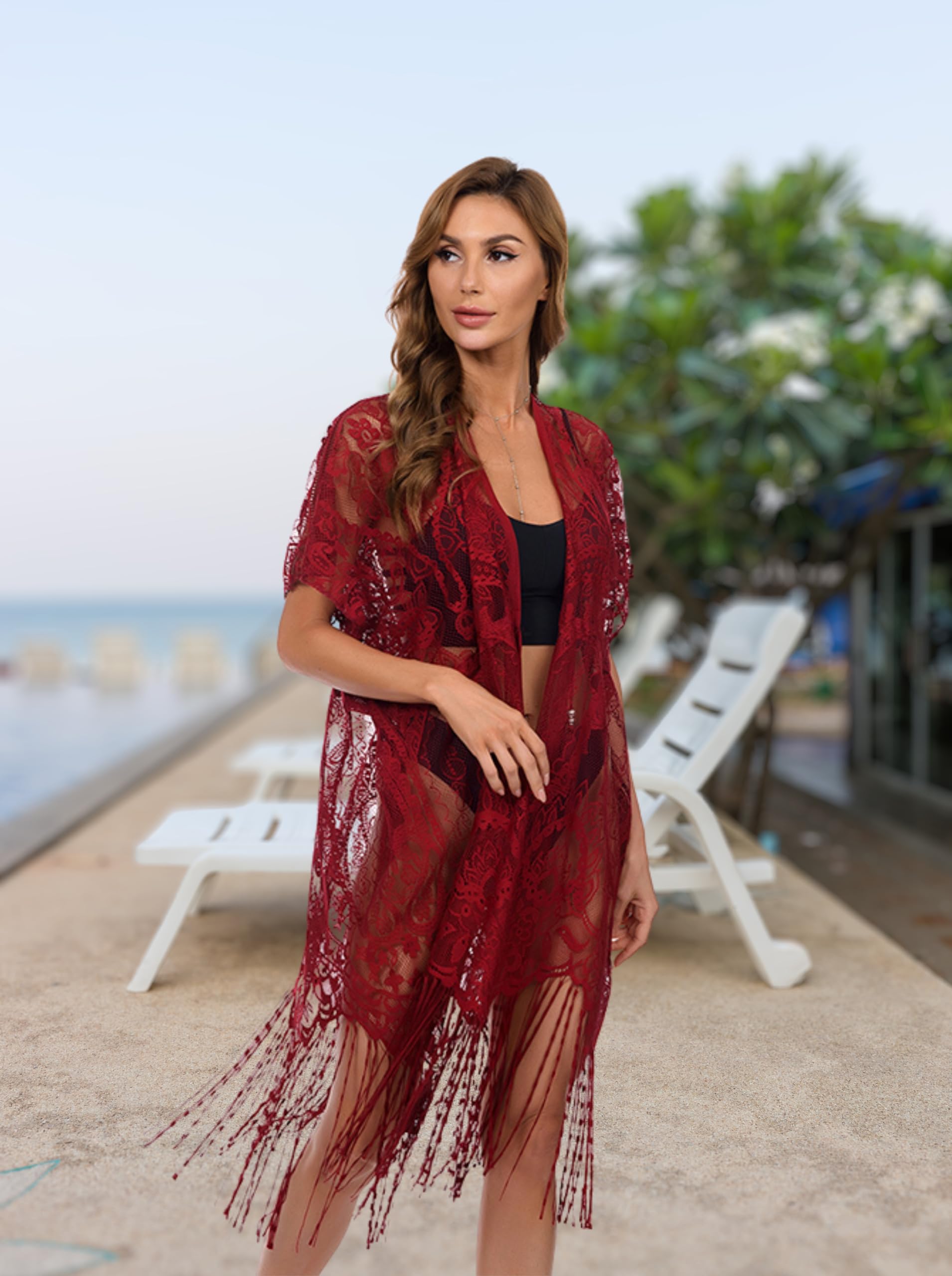 Copricostume da bagno da donna, a maniche corte, in rete, lungo, floreale, da spiaggia, kimono, cardigan estivo