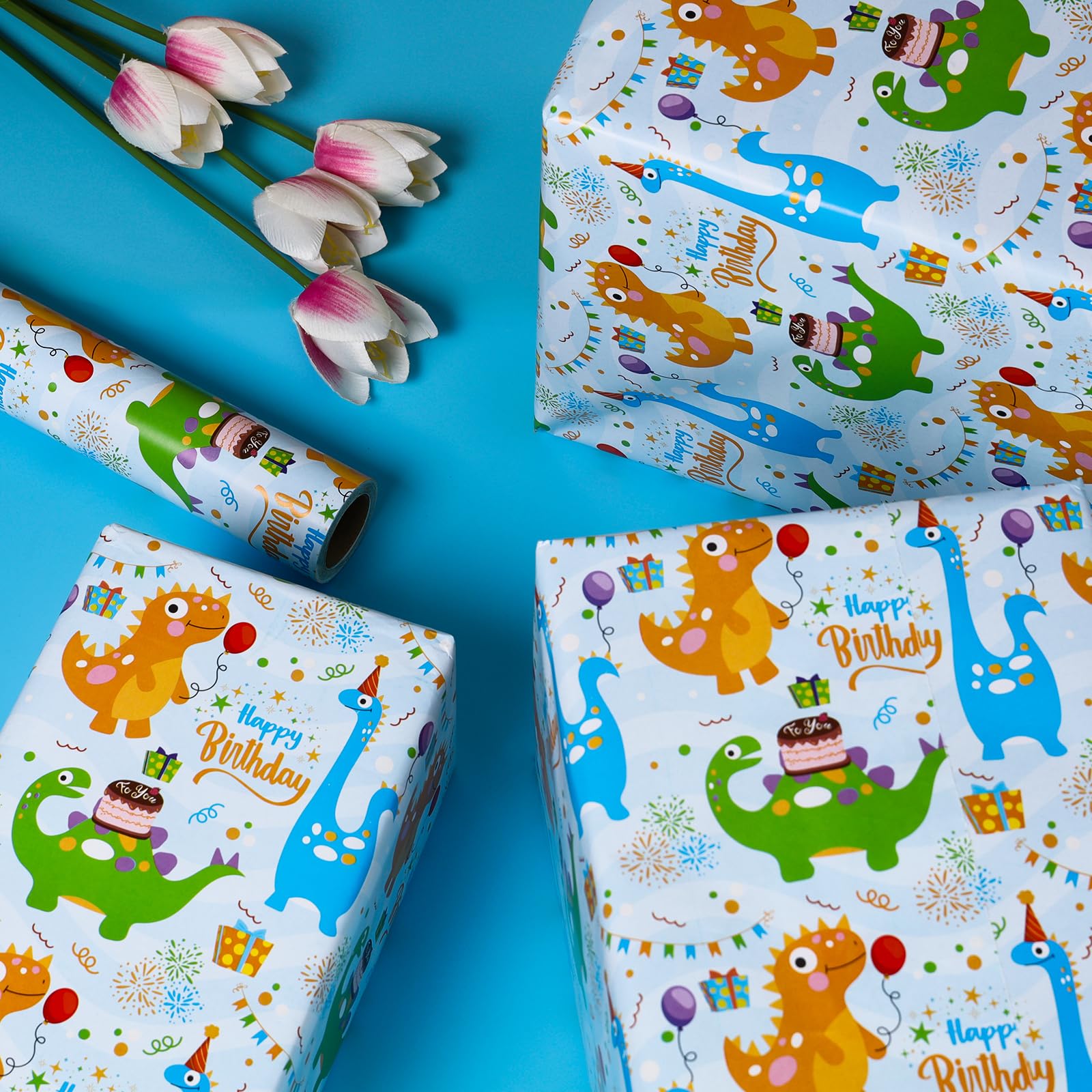 Dinosaur Wrapping Paper Roll - 17x32.8 Feet Birthday Gift Wrap For Kids