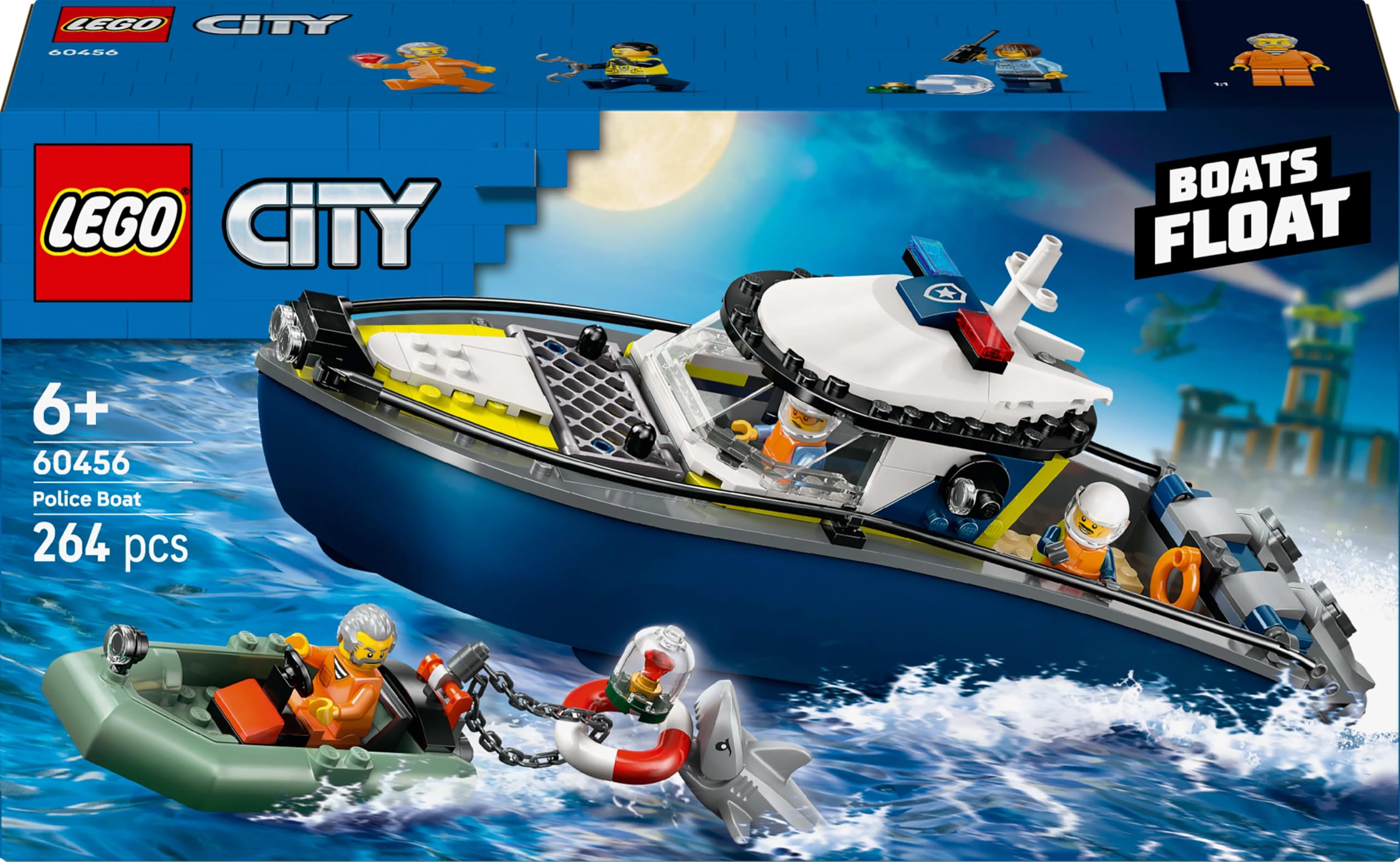 LEGO City Pościg łodzią policyjną, zabawka dla dziecka do zbudowania z motorówką i pontonem złodziejaszka, pomysłowy prezent dla 6-latków, zestaw policyjny dla chłopców i dziewczynek 60456