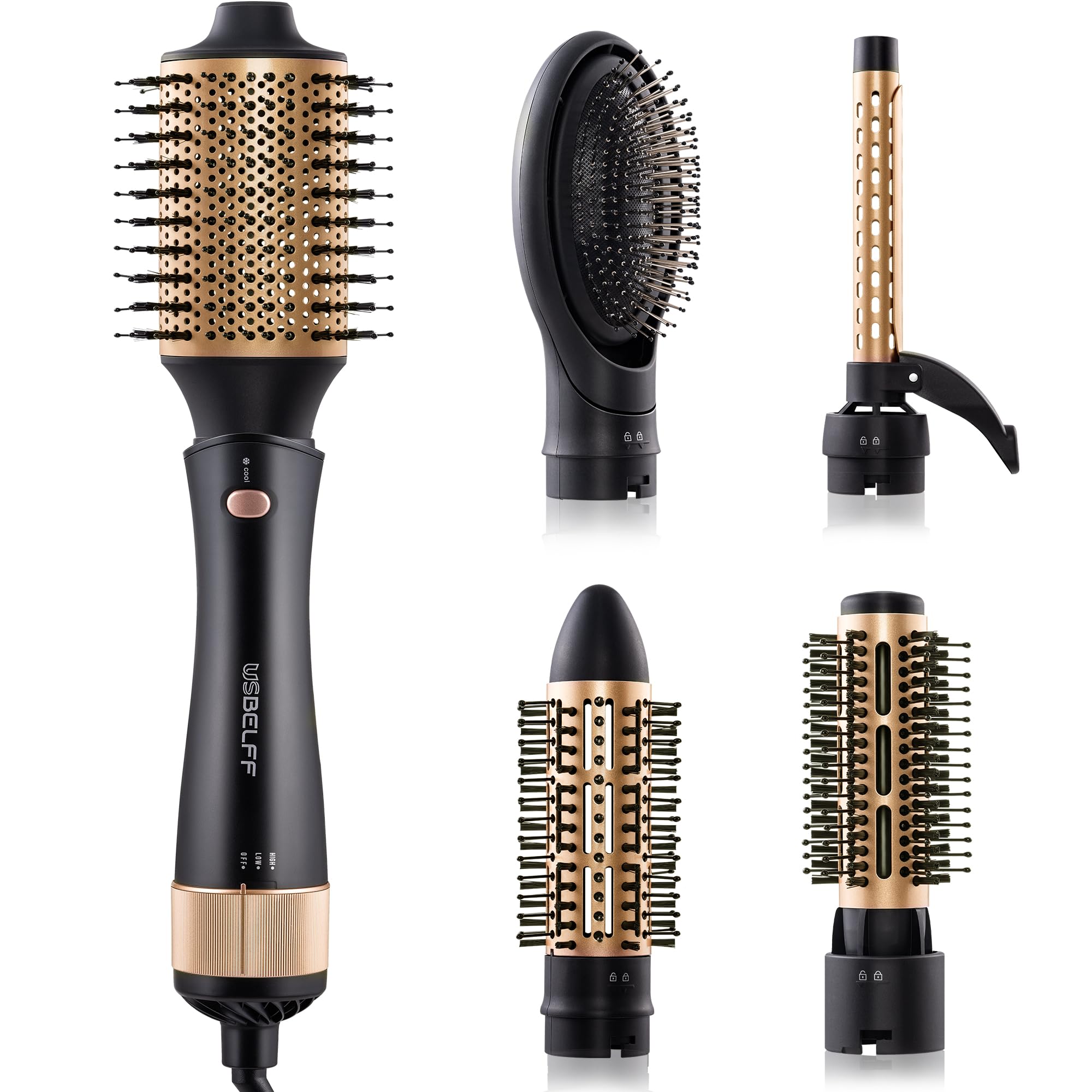 Hot-Air Blow Hair Dryer Brush - Set for One Step Drying and Styling Hair, Negative Ionic, Ceramic Barrel, Detachable, Multiple Temp Settings for Women Middle to Long Hair, Black-golden