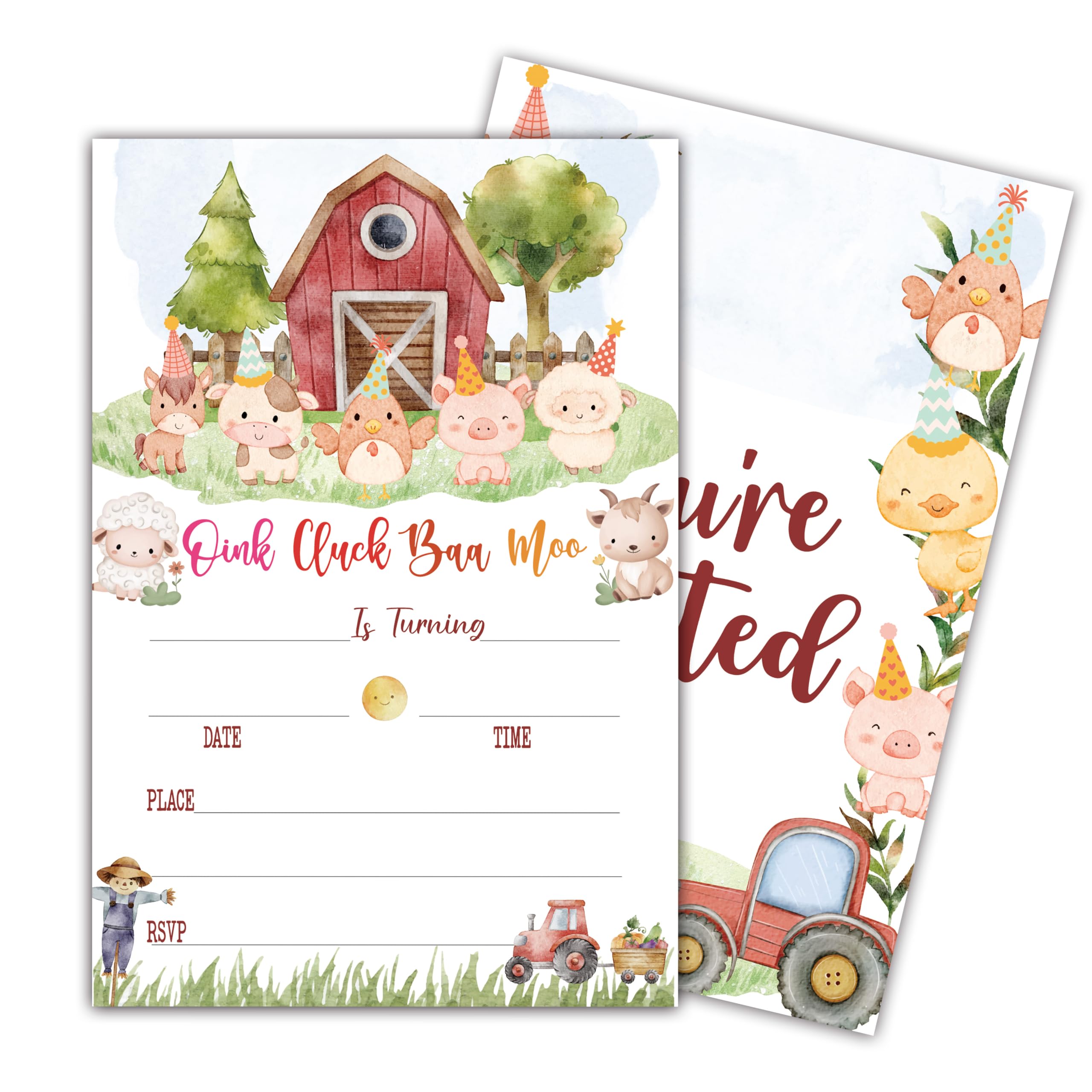 luixd Farm Animal Birthday Invitation Cards with Envelopes, 20 Pack 4x6 Fill-In Party Invites for Boys Girls, Barnyard Kids Birthday Party Supplies - B04