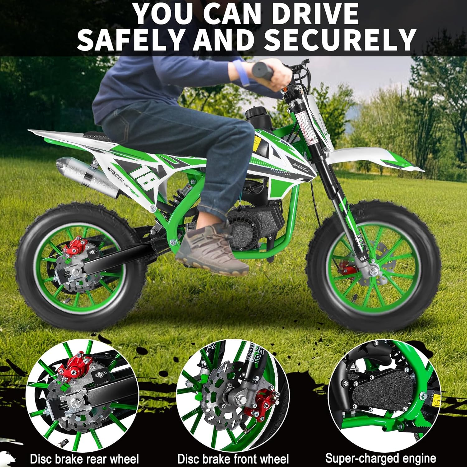 50cc 2-Stroke Kids Dirt Bike, Dirt Bike Gas, Motorcycle with Front/Rear Disc Brakes, Shock Absorption, Off-Road Tires, Soft Seat Cushion, Mini Dirt Bike for Kids 8-14 (Green)