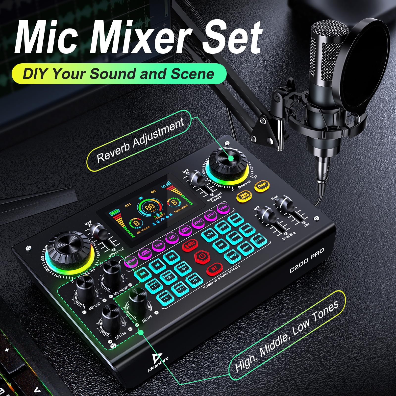 Professional Podcast Bundle with DSP Sound Card and Audio Mixer, 3.5mm Condenser Microphone for Live Streaming, Singing, Recording, and Gaming – Voice Changer, Noise Reduction