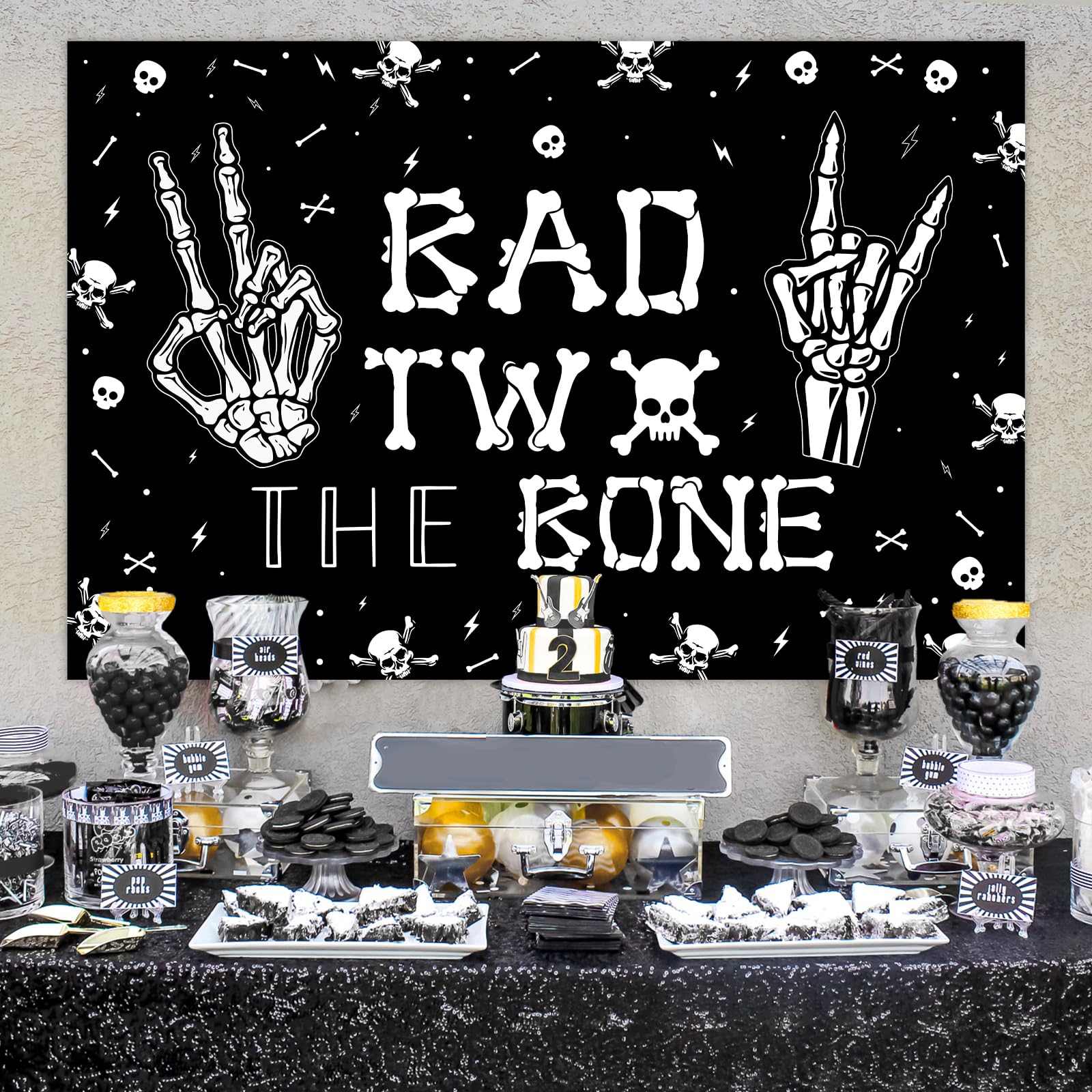 Bad Two The Bone Sfondo Per Festa Di 2° Compleanno – Striscione Con Scheletri Rock And Roll – 0,9x1,5 M - 5