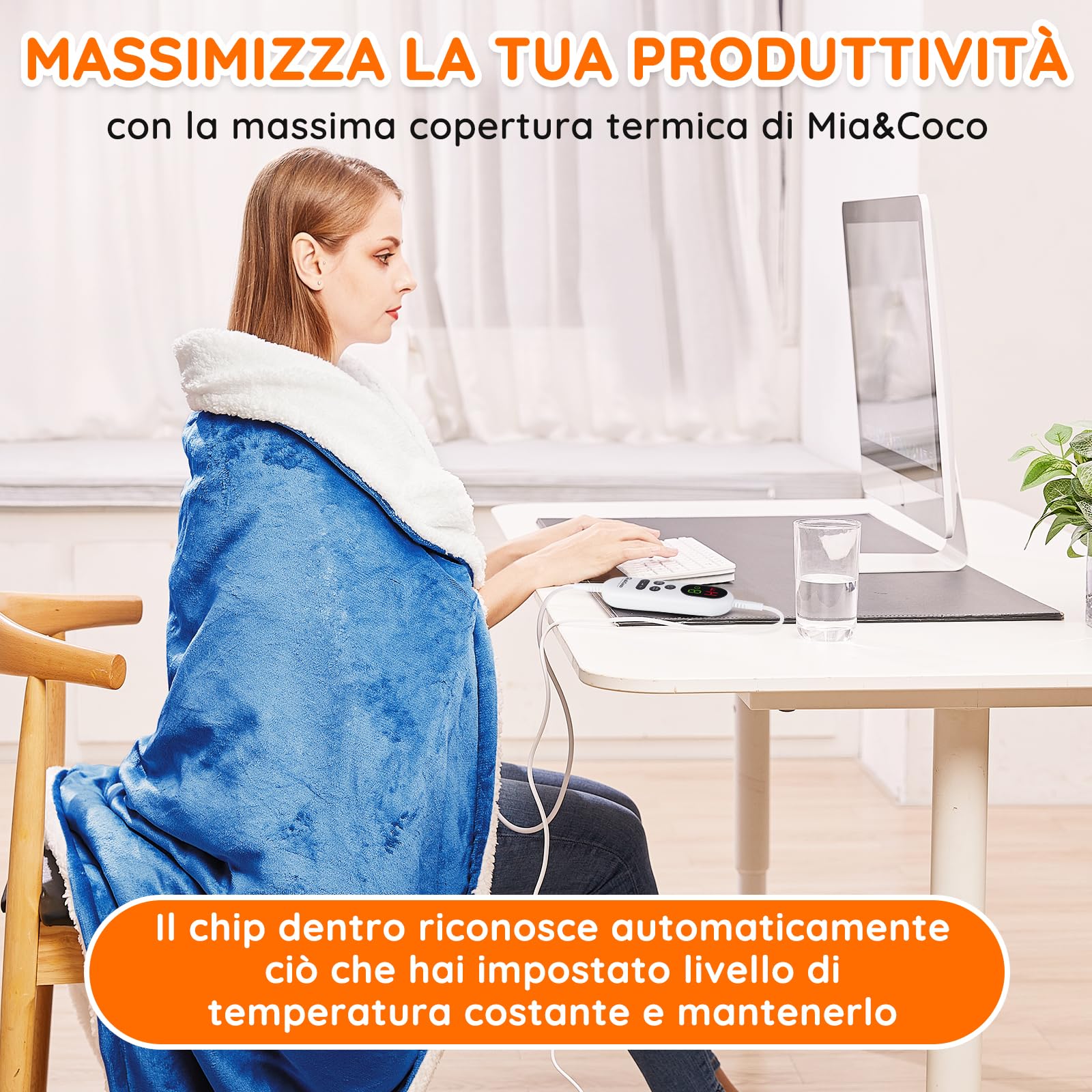 Mia&Coco Coperta Elettrica Termica Riscaldata Riscaldante con Telecomando Digitale, Flanella Sherpa 180x130 cm, 10 livelli e 1~9 ore di spegnimento automatico, Lavabile in Lavatrice, Blu