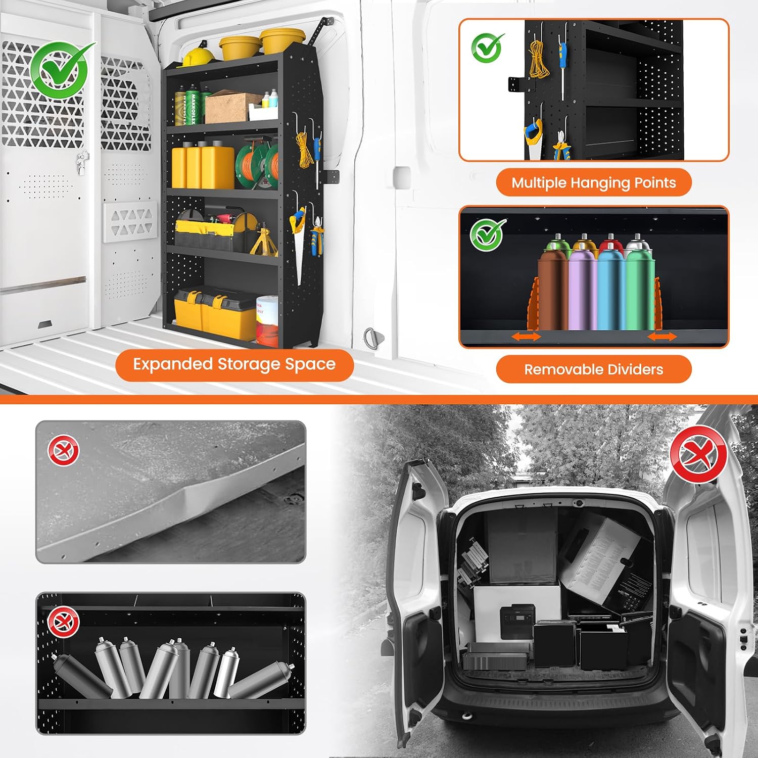 Cargo Van Shelving 4 Tier 32" W x 60" H x 13" D, Heavy Duty Steel Work Van Storage System for Ford Transit, Promaster, Sprinter, Chevy Express, Tool Organizer for Electricians, Contractors