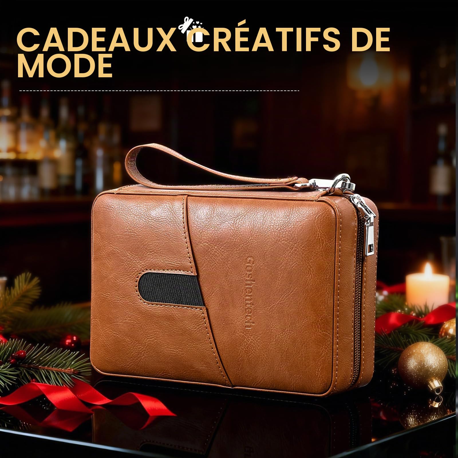 Étui en cuir de cèdre avec hygromètre, capacité : 6 pièces, outil rehausseur de dessin, cadeaux pour homme (marron)