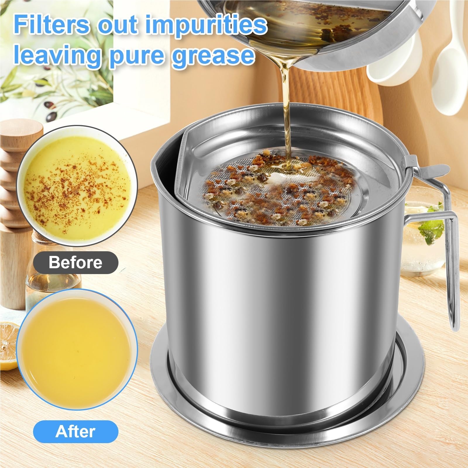 Contenedor de almacenamiento de aceite, lata de grasa de acero inoxidable con colador y base antideslizante, 51/68 onzas para almacenar aceite de freír, duradero y fácil de usar