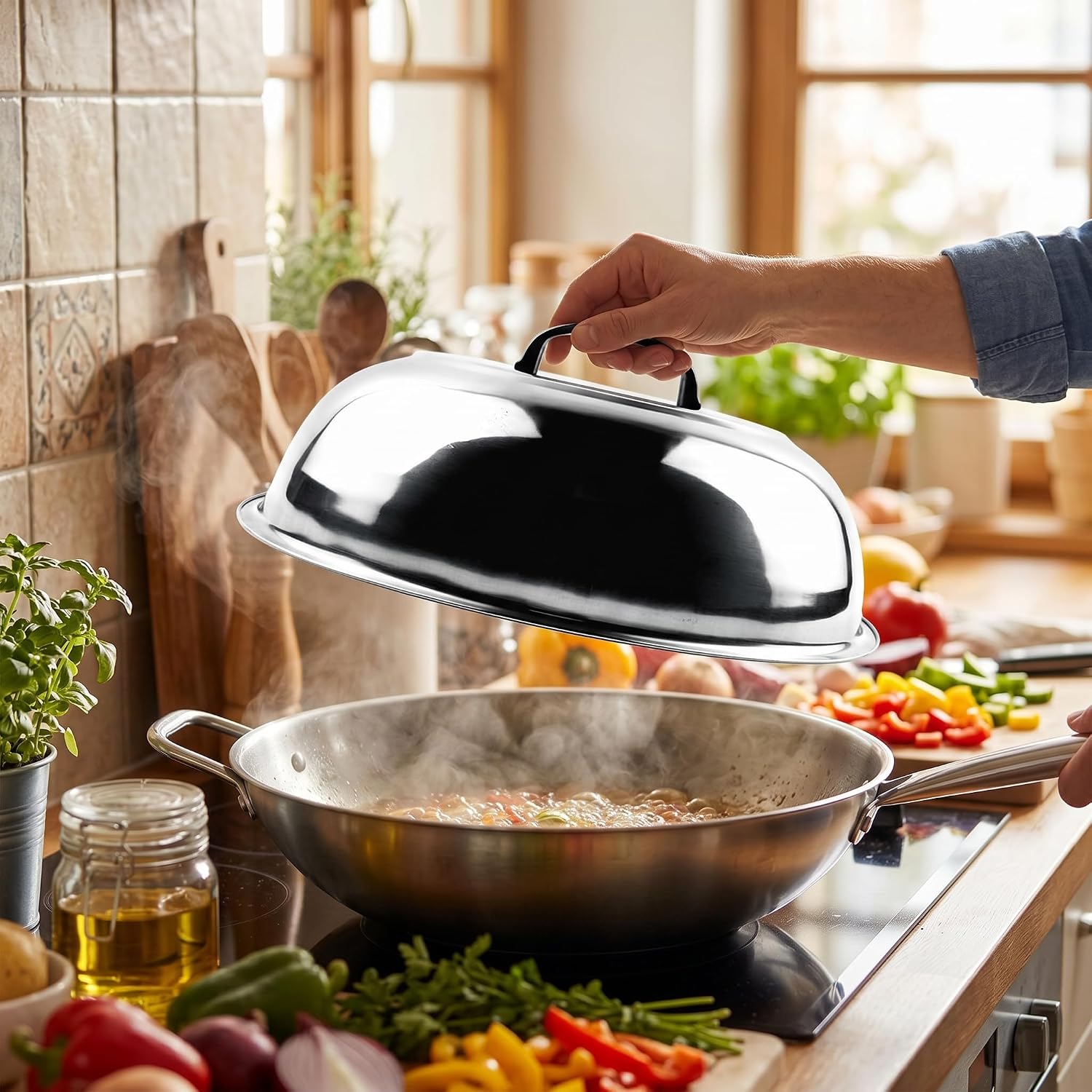 High Arch Pan Lid, Stainless Steel Pot Cover, Multifunctional Circular Cooking Lid with Handle for Household Frying Steaming and Soup Making, ID 13in and OD 13.8in