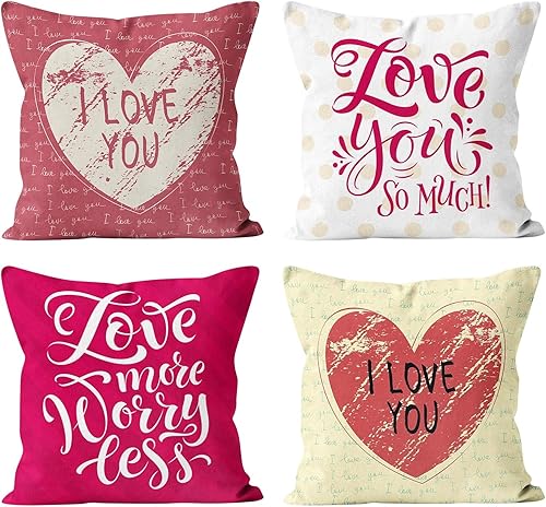 Juego de 4 fundas de almohada de San Valentín de 18 x 18 pulgadas, fundas de almohada con texto en inglés "I Love You", fundas de cojín de corazón