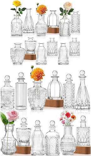 Jarrones de vidrio a granel juego de 24, botella de vidrio vintage con 9 tapones de vidrio, florero pequeño para arreglos florales, centro de mesa