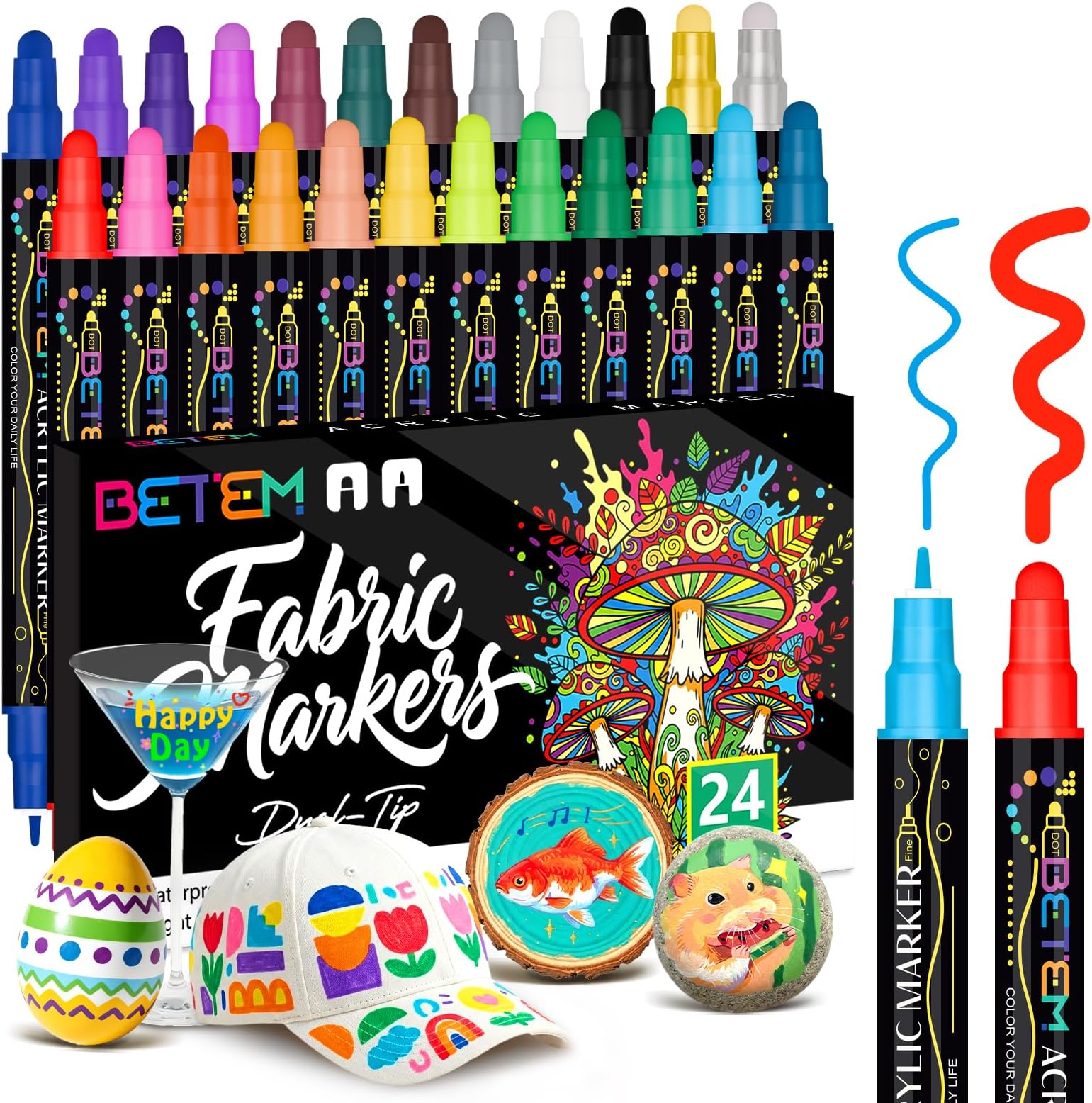Betem 24 Colors Dual Tip Acrylic Paint Markers, Fabric Decorating Kits Premium Water-Based Acrylic Paint Pens Art Supplies for Fabric, Rock, Wood, Glass, Canvas, Ceramic, Teacher Appreciation Gift