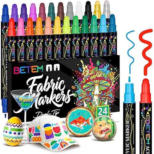 Betem 24 Colors Dual Tip Acrylic Paint Markers, Fabric Decorating Kits Premium Water-Based Acrylic Paint Pens Art Supplies for Fabric, Rock, Wood, Glass, Canvas, Ceramic, Teacher Appreciation Gift