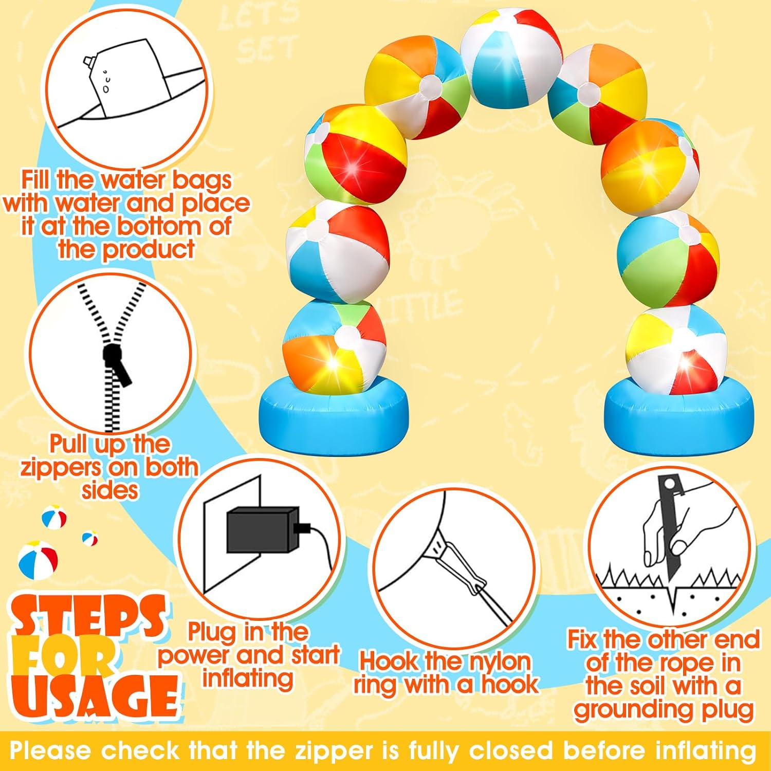 8FT Inflatable Beach Ball Arch for Summer Inflatables Outdoor Decorations Colorful Blow Up Archway Built-in 5 LED Lights Birthday Party Supplies for Pool Beach Luau Yard Lawn Garden Photo Backdrop