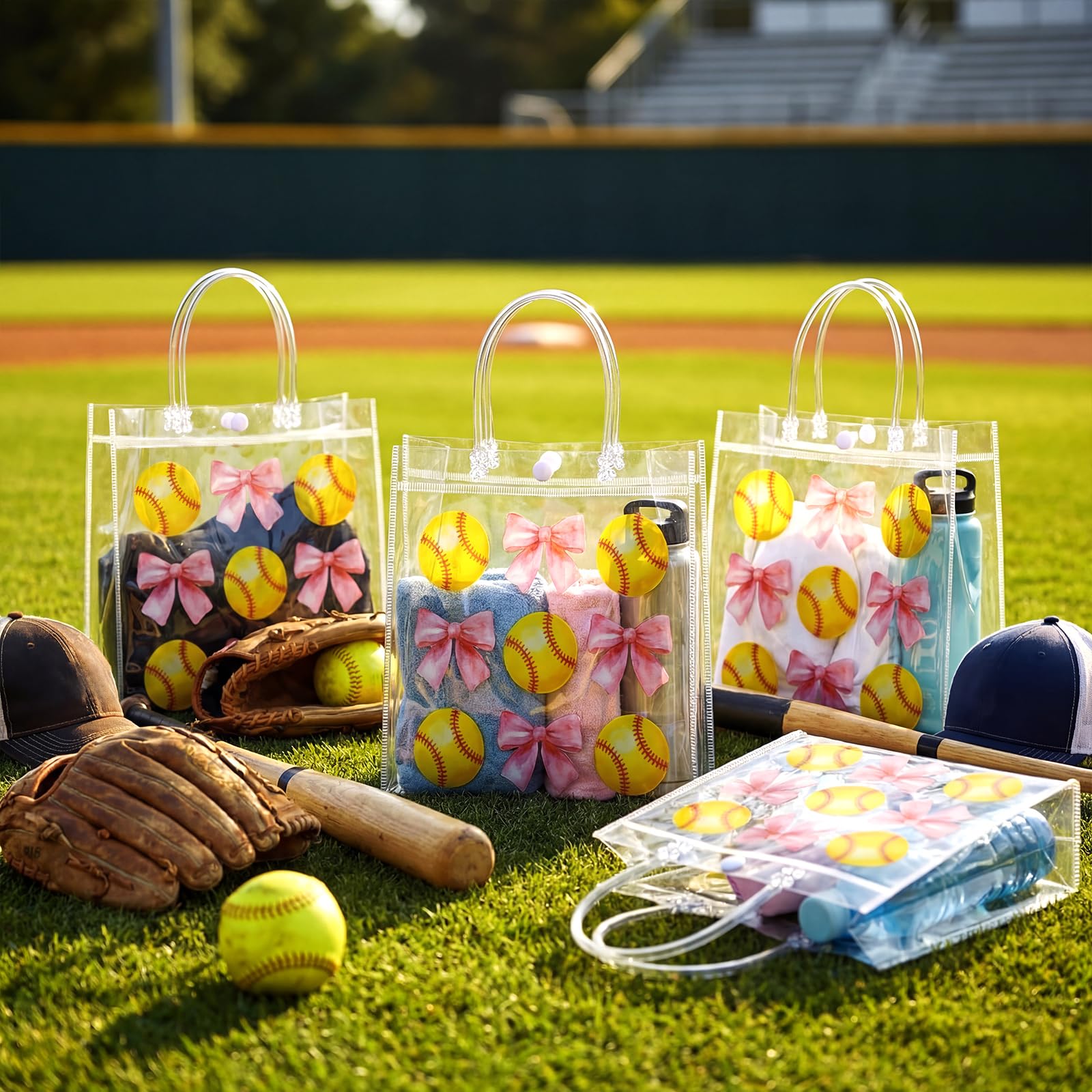 Wesnoy 20 Pcs Cute Softball Gift Bag Pink Bow Softball Goodie Gifts Bags with Handles Reusable Sport Themed Treat Bags for Candy Birthday Party Supplies 8 x 8 x 3.15''