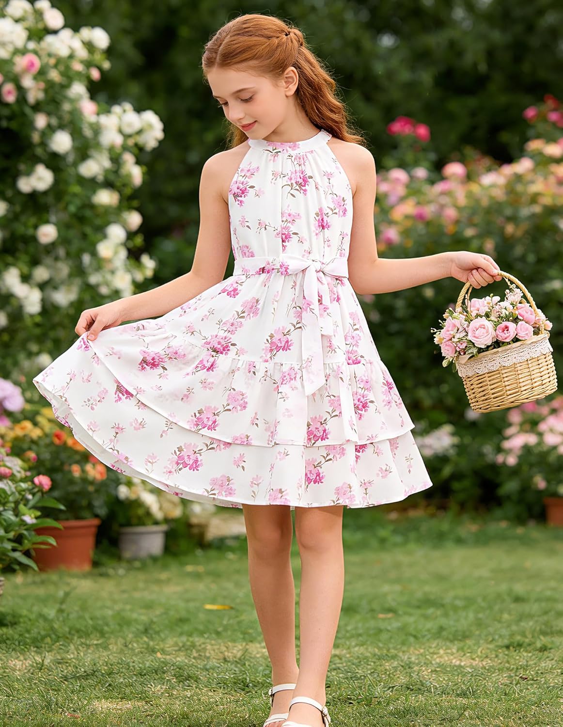 GRACE KARIN Girls Summer Beach Dress Floral Hawaiian Halter Chiffon Party Wedding Vacation Sundress 7-14Y - Image 7